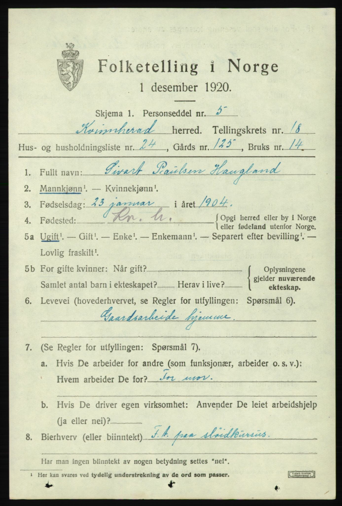 SAB, 1920 census for Kvinnherad, 1920, p. 11880