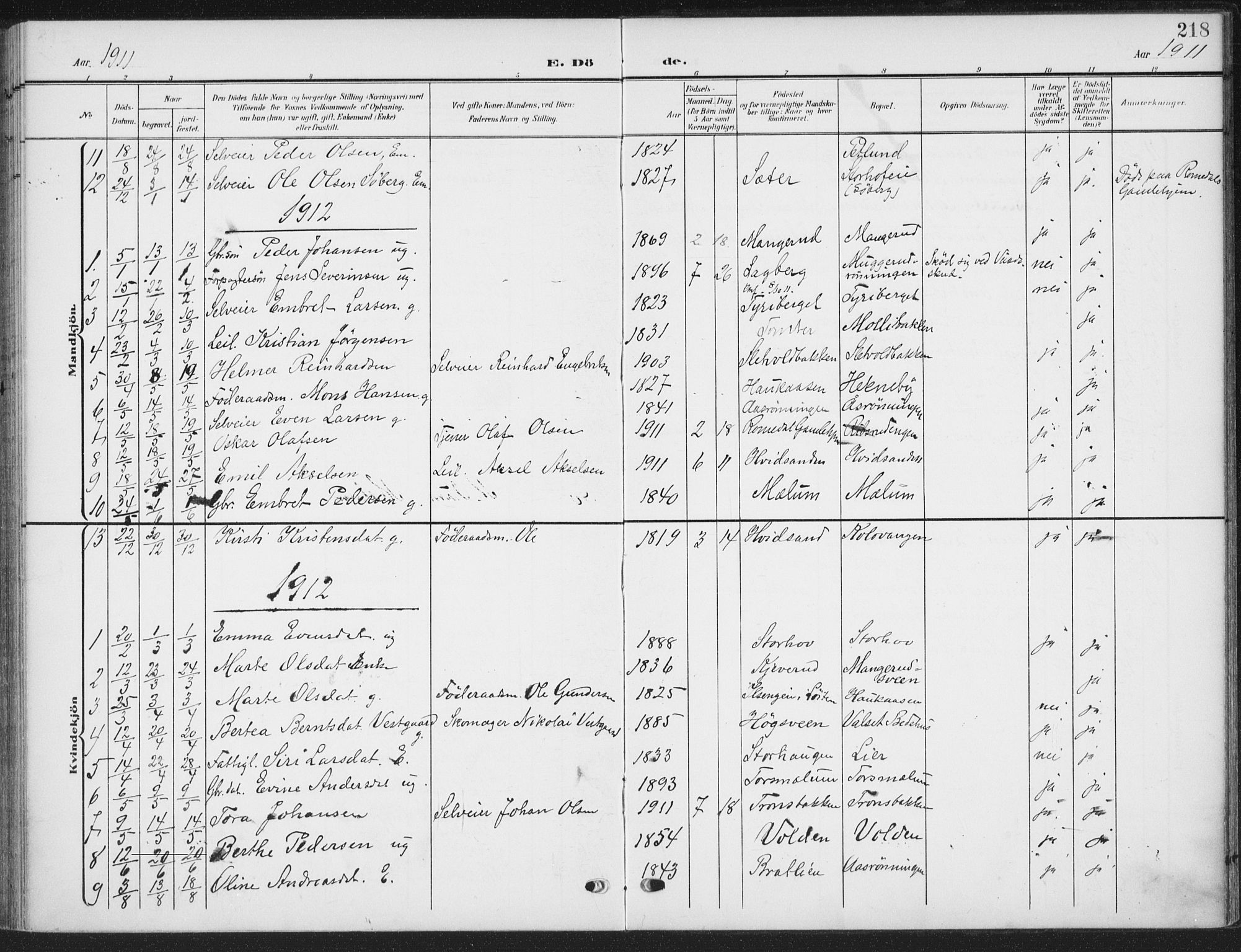 Romedal prestekontor, SAH/PREST-004/K/L0009: Parish register (official) no. 9, 1906-1929, p. 218