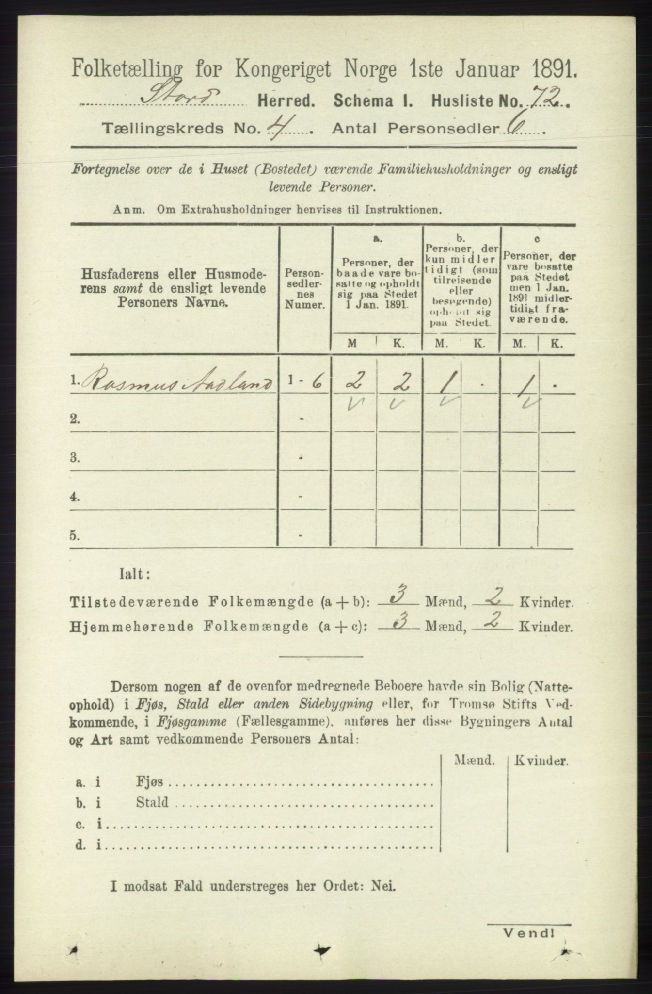 RA, 1891 census for 1221 Stord, 1891, p. 1030