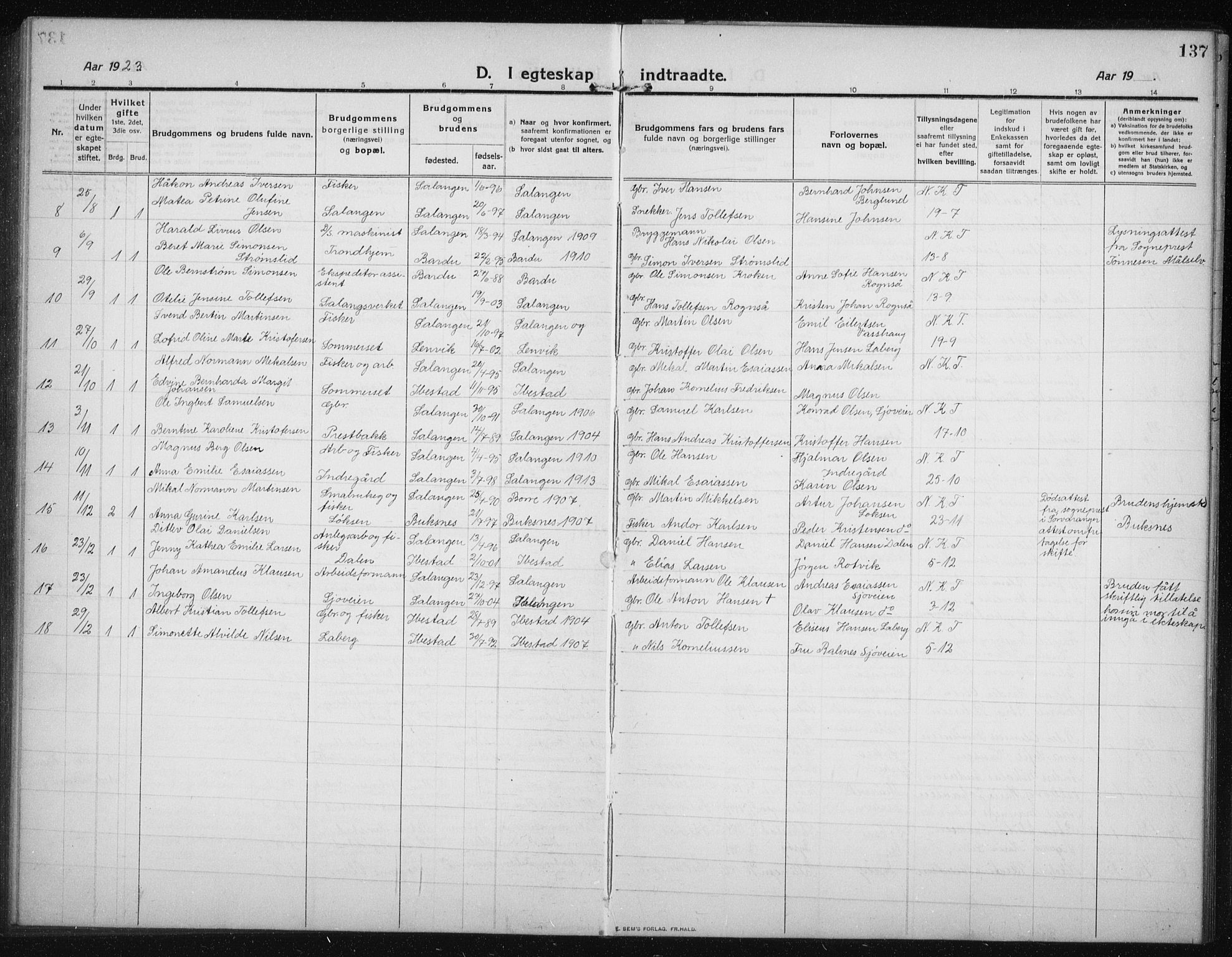 Salangen sokneprestembete, SATØ/S-1324/H/Ha/L0005klokker: Parish register (copy) no. 5, 1918-1937, p. 137