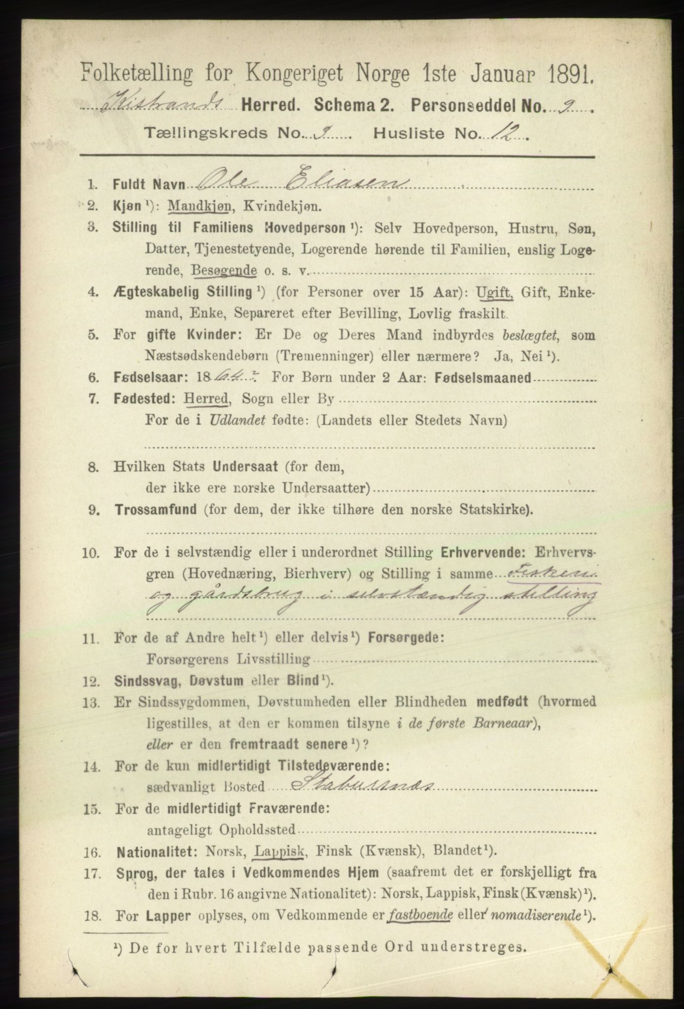 RA, 1891 census for 2020 Kistrand, 1891, p. 1354