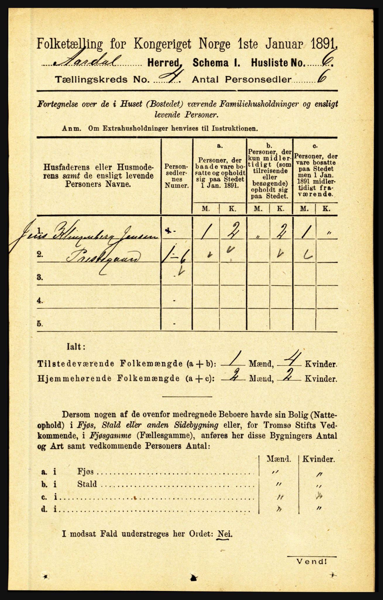 RA, 1891 census for 1424 Årdal, 1891, p. 592