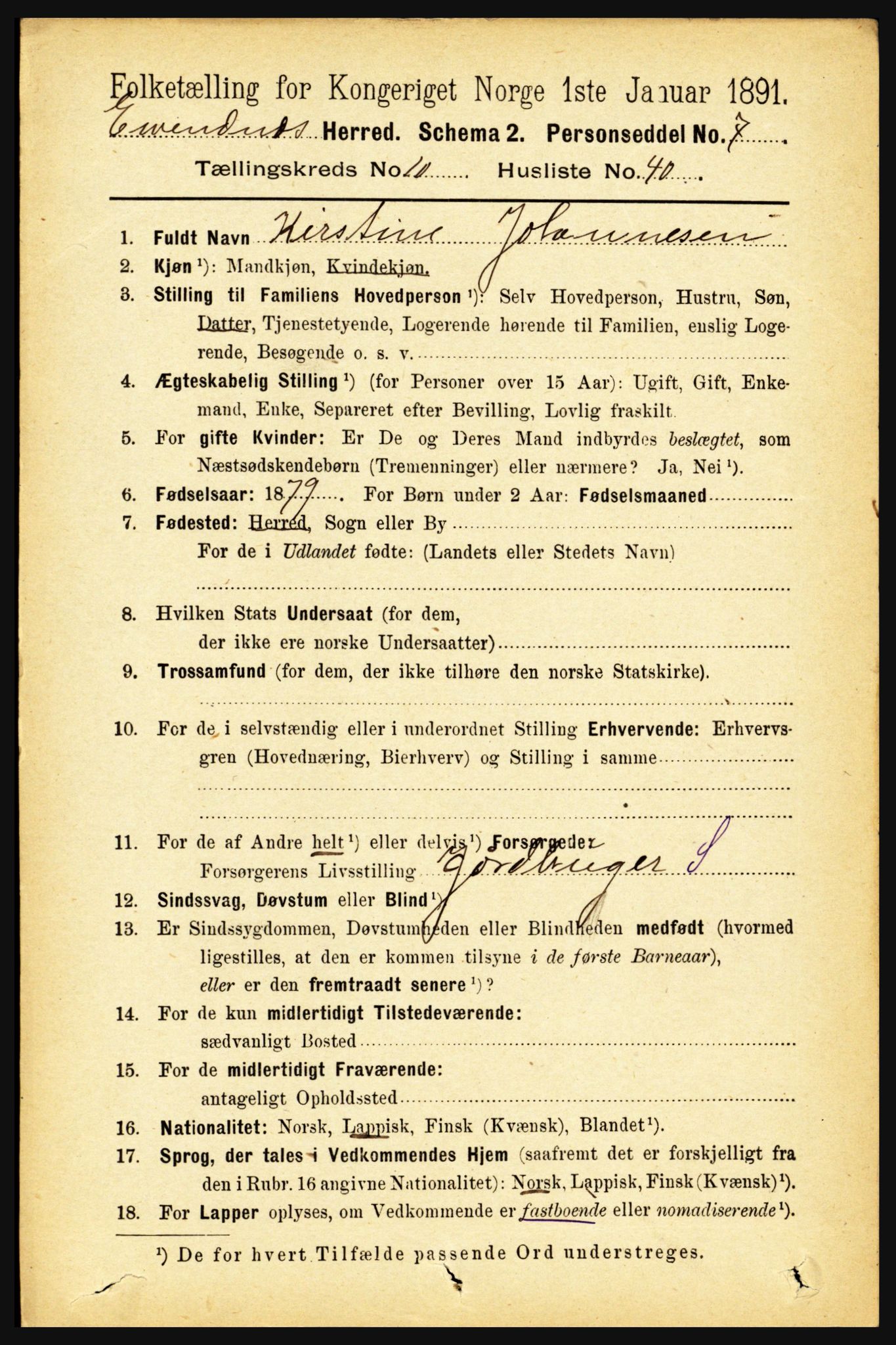 RA, 1891 census for 1853 Evenes, 1891, p. 3419