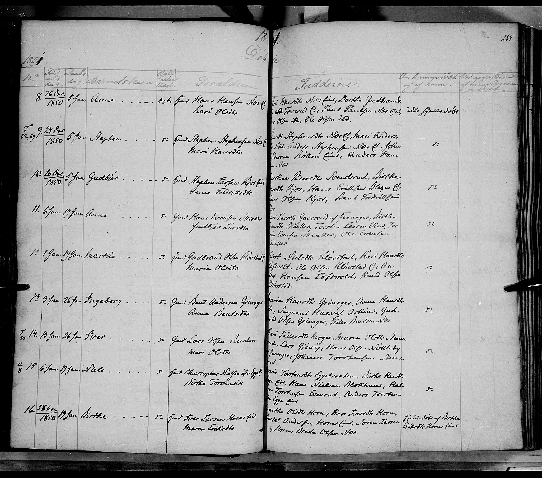 Gran prestekontor, SAH/PREST-112/H/Ha/Haa/L0011: Parish register (official) no. 11, 1842-1856, p. 264-265