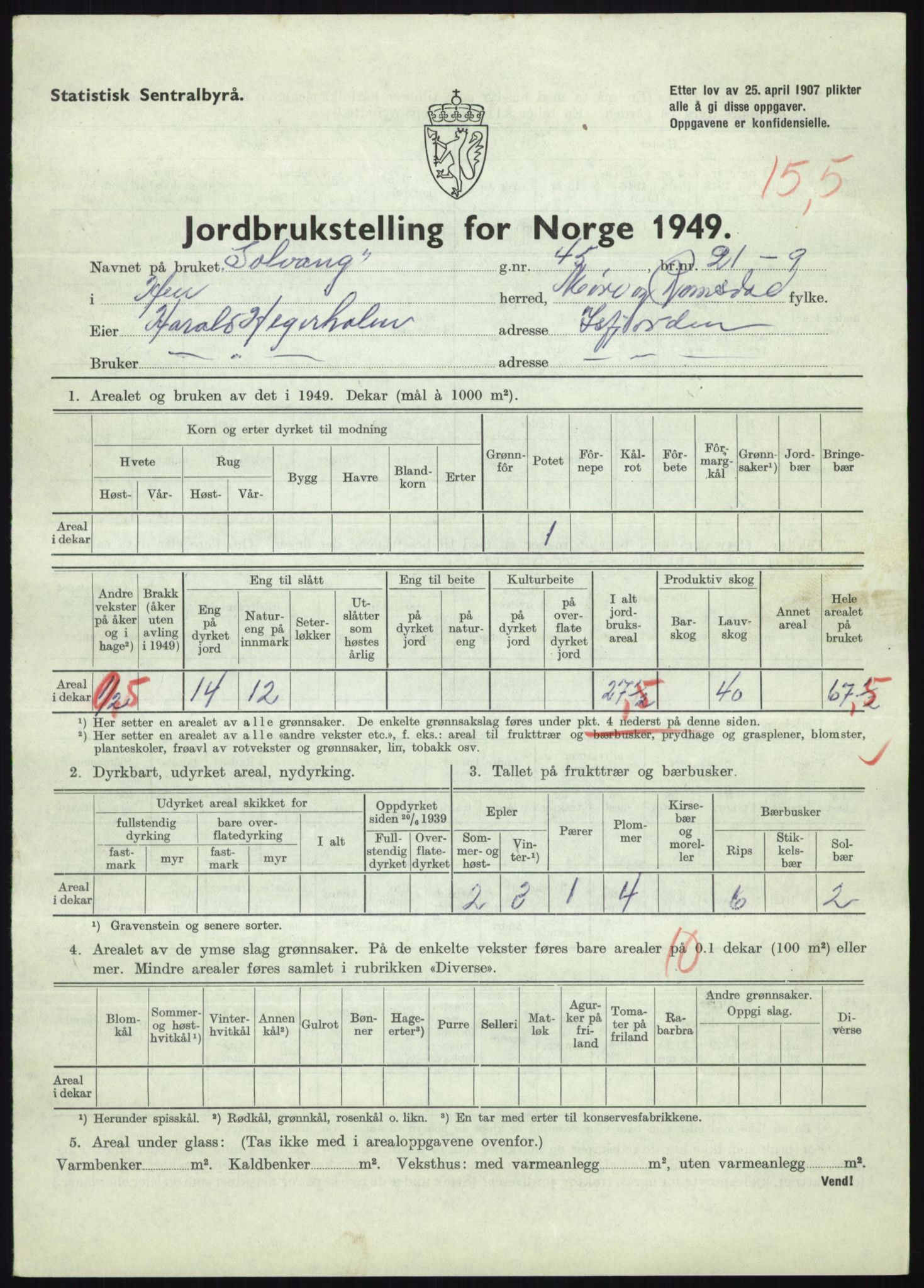 Statistisk sentralbyrå, Næringsøkonomiske emner, Jordbruk, skogbruk, jakt, fiske og fangst, AV/RA-S-2234/G/Gc/L0323: Møre og Romsdal: Grytten og Hen, 1949, p. 621