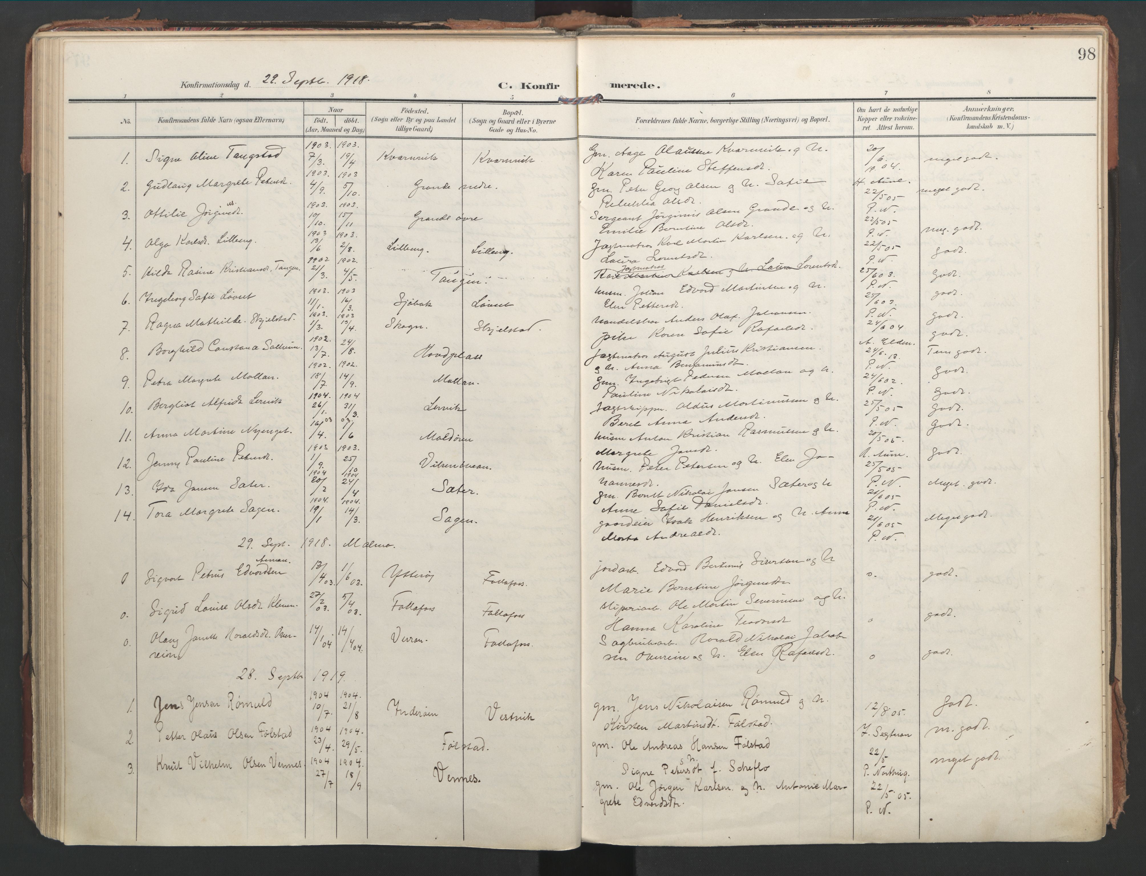 Ministerialprotokoller, klokkerbøker og fødselsregistre - Nord-Trøndelag, SAT/A-1458/744/L0421: Parish register (official) no. 744A05, 1905-1930, p. 98