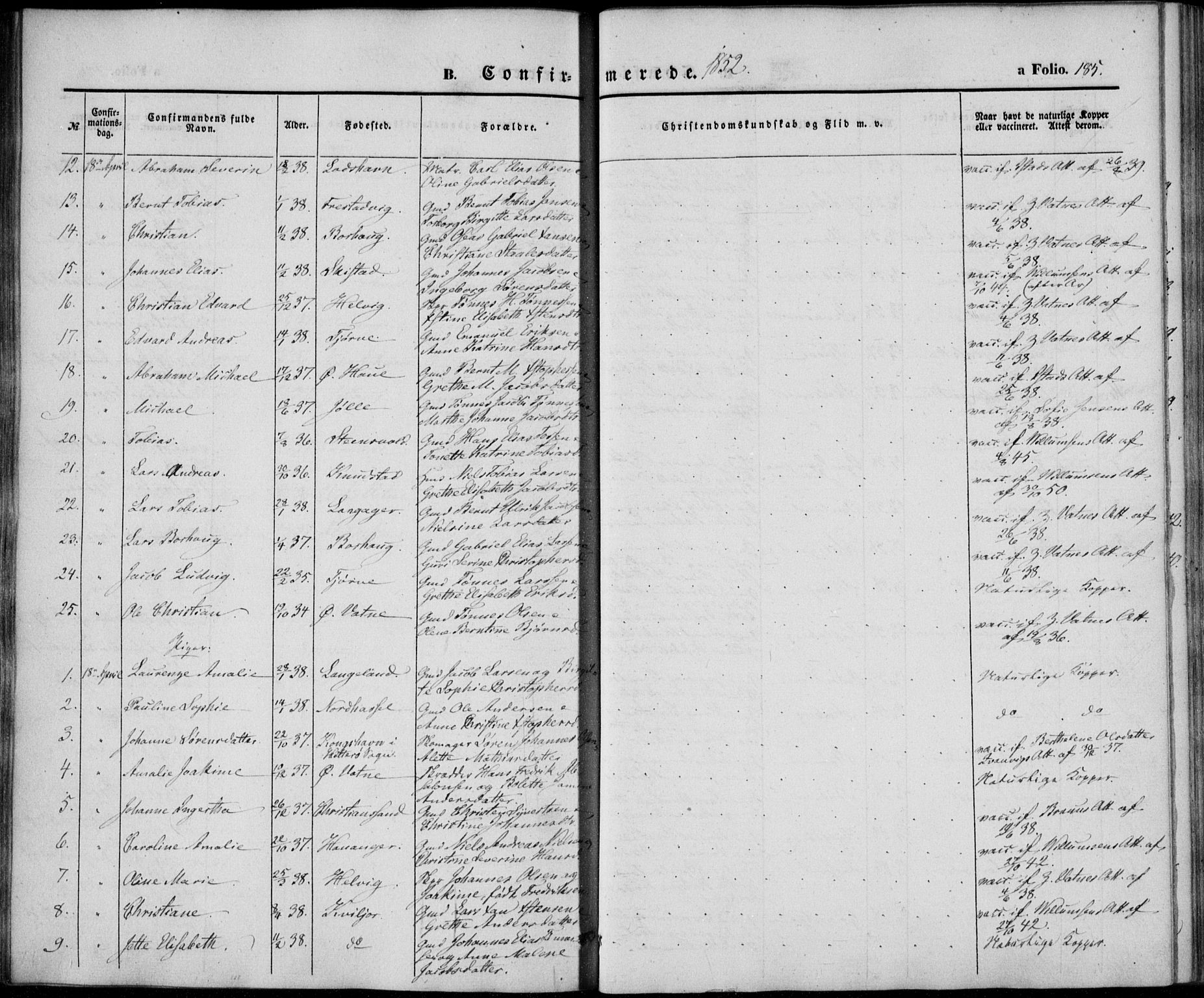 Lista sokneprestkontor, AV/SAK-1111-0027/F/Fb/L0002: Parish register (copy) no. B 2, 1847-1862, p. 185