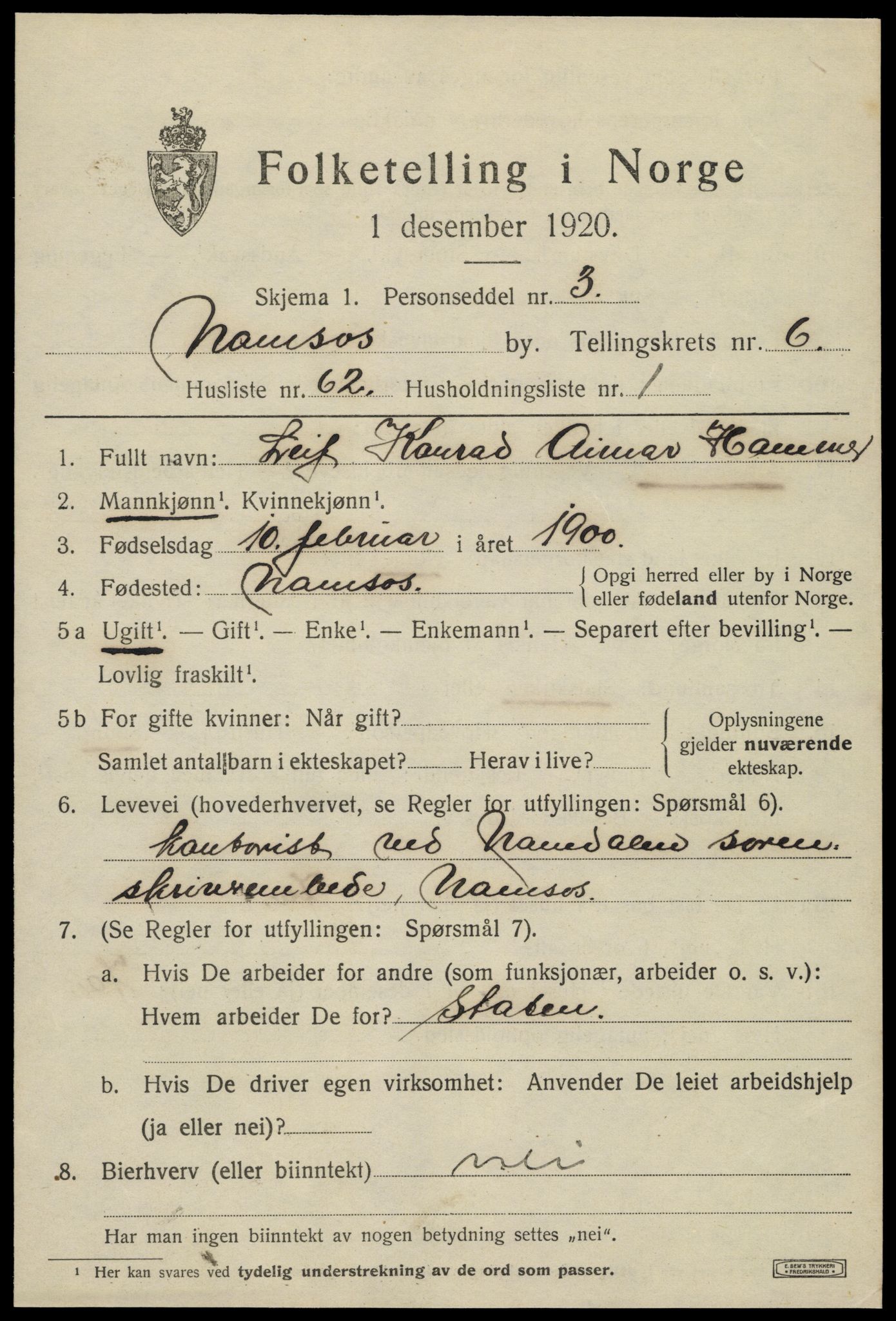 SAT, 1920 census for Namsos, 1920, p. 7411