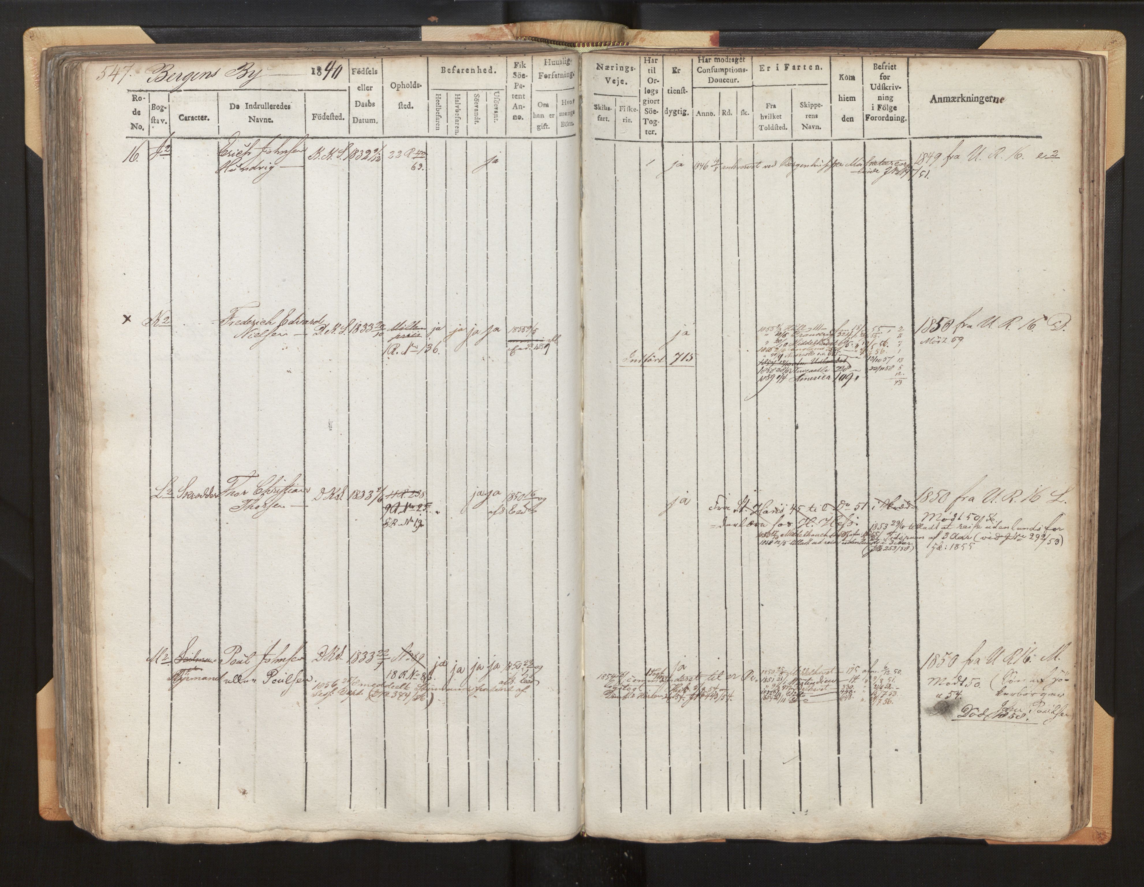 Innrulleringssjefen i Bergen, AV/SAB-A-100050/F/Fh/L0002: Hovedrulle Bergen rodenr. 11 - 18, 1840-1859, p. 547