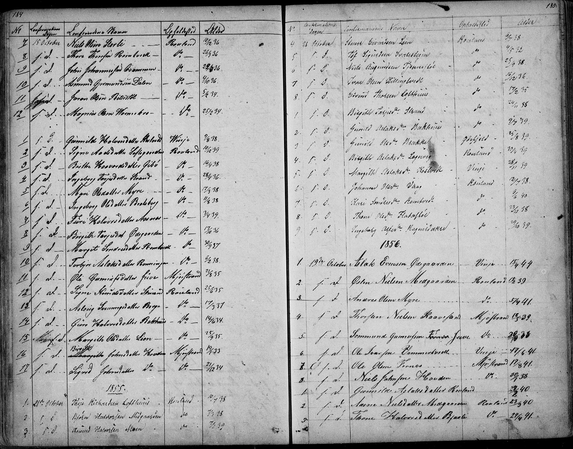 Rauland kirkebøker, AV/SAKO-A-292/G/Ga/L0002: Parish register (copy) no. I 2, 1849-1935, p. 184-185