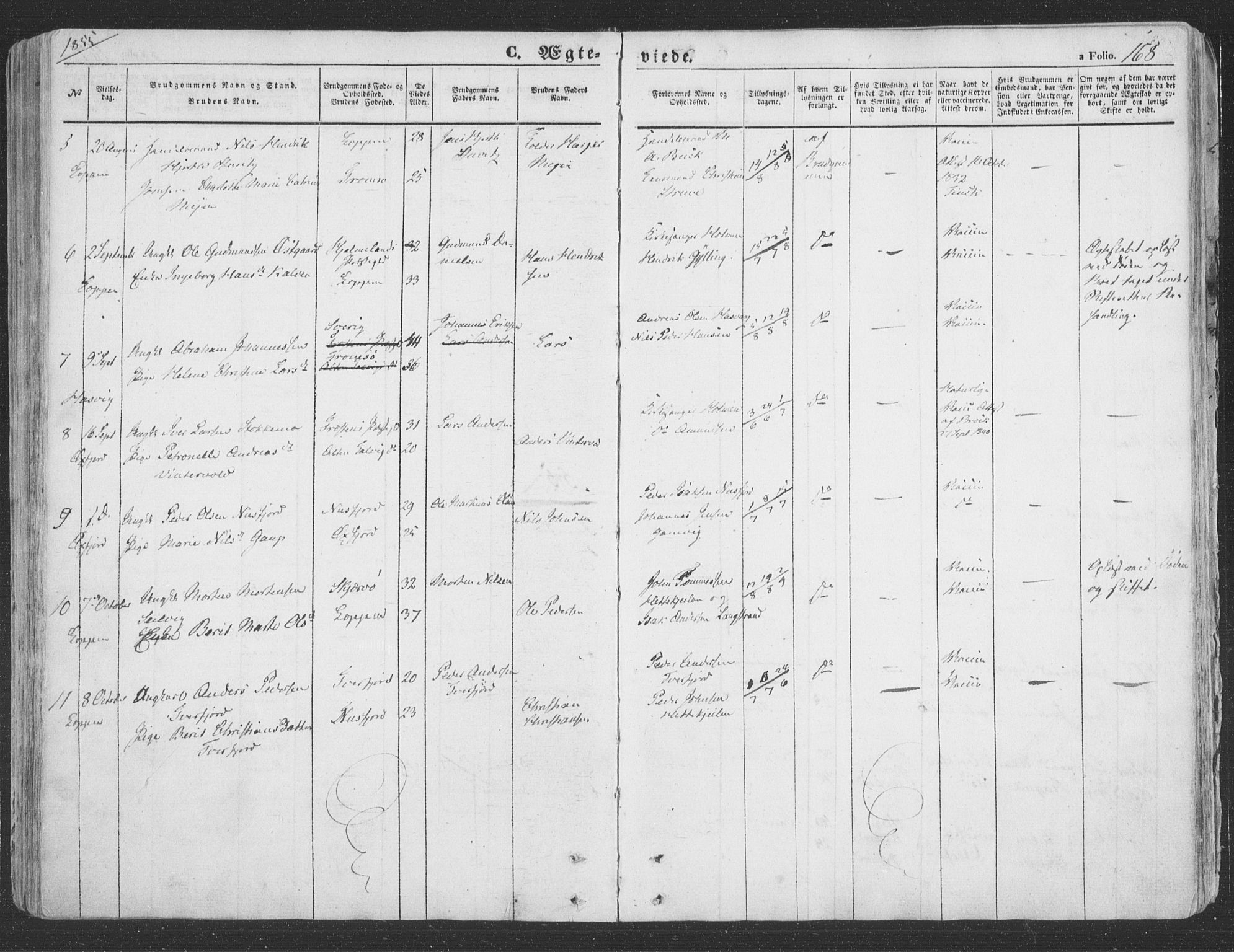 Loppa sokneprestkontor, SATØ/S-1339/H/Ha/L0004kirke: Parish register (official) no. 4, 1849-1868, p. 168
