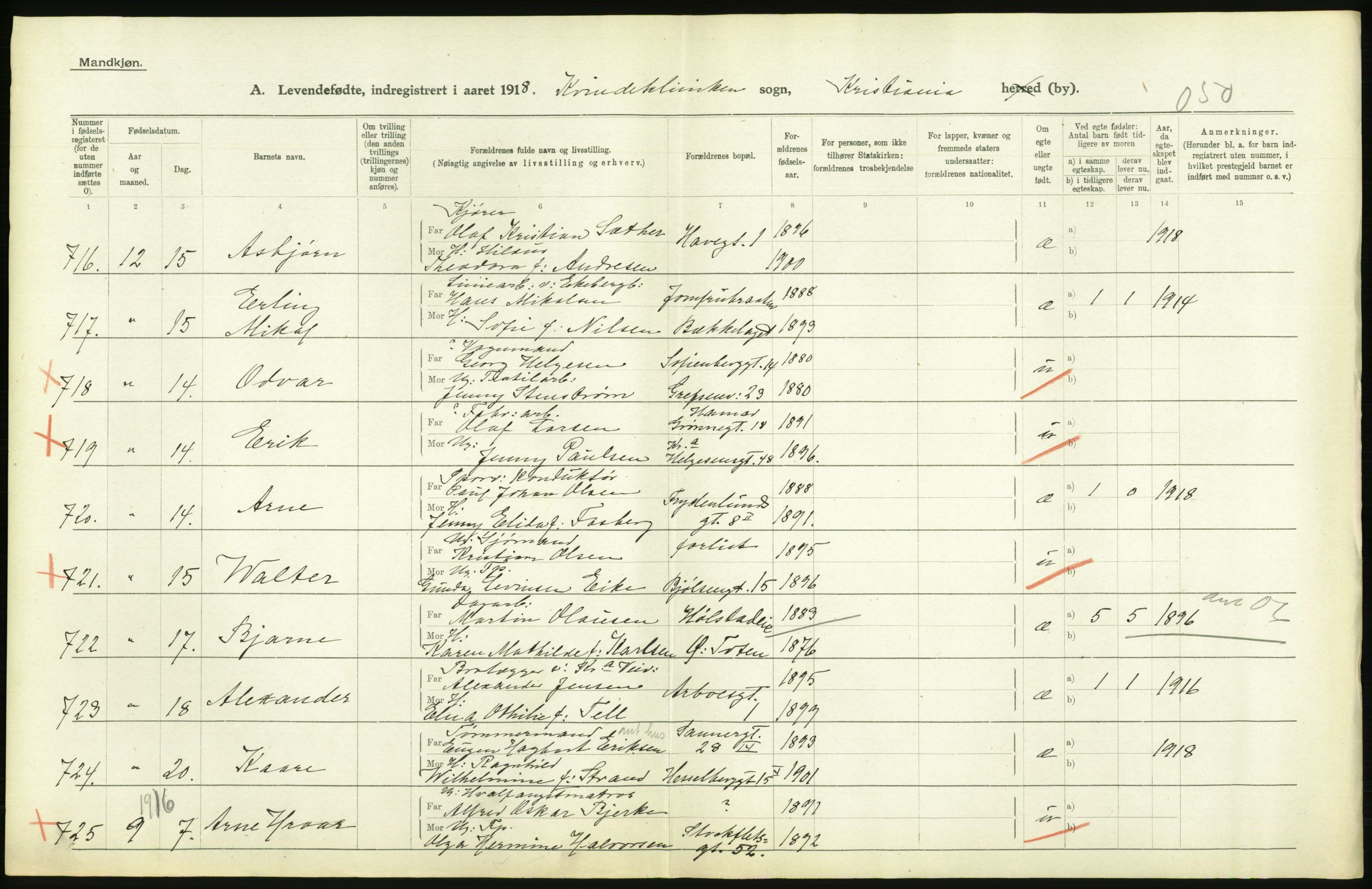 Statistisk sentralbyrå, Sosiodemografiske emner, Befolkning, AV/RA-S-2228/D/Df/Dfb/Dfbh/L0008: Kristiania: Levendefødte menn og kvinner., 1918, p. 544