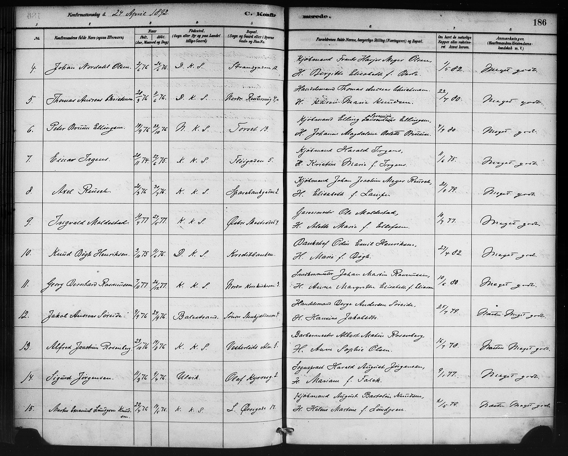 Korskirken sokneprestembete, AV/SAB-A-76101/H/Haa/L0029: Parish register (official) no. C 5, 1880-1892, p. 186