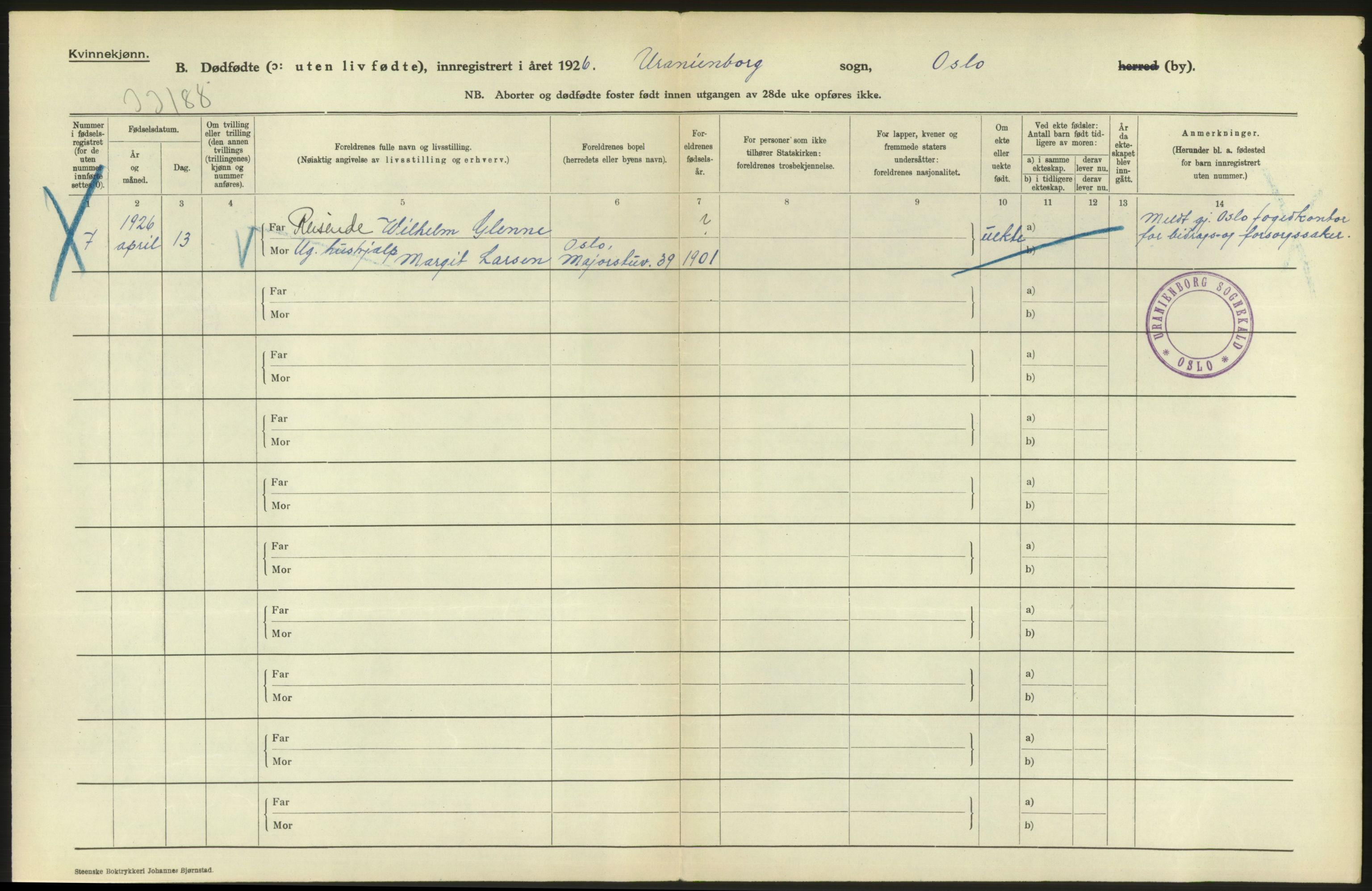 Statistisk sentralbyrå, Sosiodemografiske emner, Befolkning, RA/S-2228/D/Df/Dfc/Dfcf/L0010: Oslo: Døde kvinner, dødfødte, 1926, p. 698