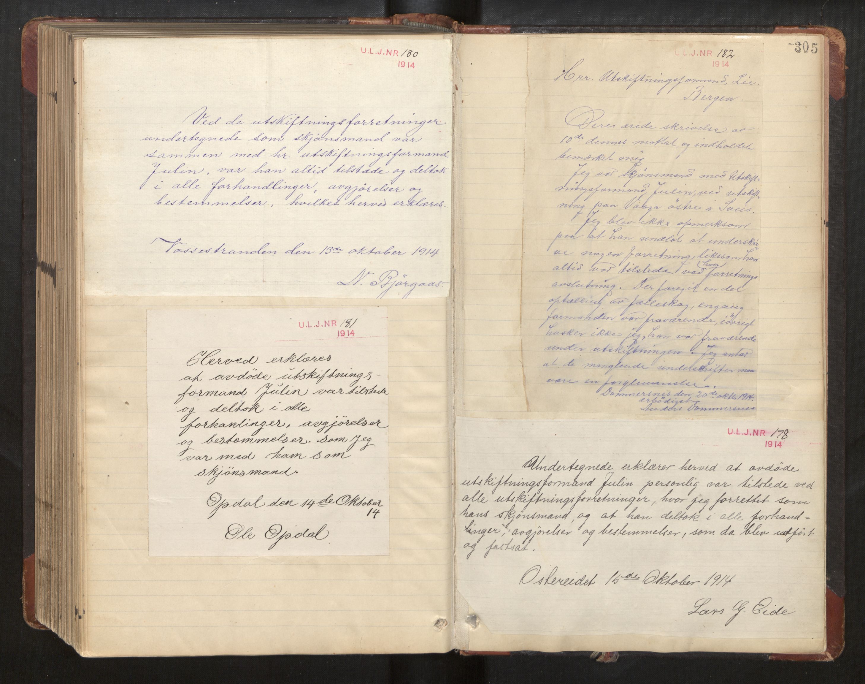 Hordaland jordskiftedøme - II Ytre Nordhordland jordskiftedistrikt, AV/SAB-A-6901/A/Aa/L0012: Forhandlingsprotokoll, 1908-1914, p. 304b-305a