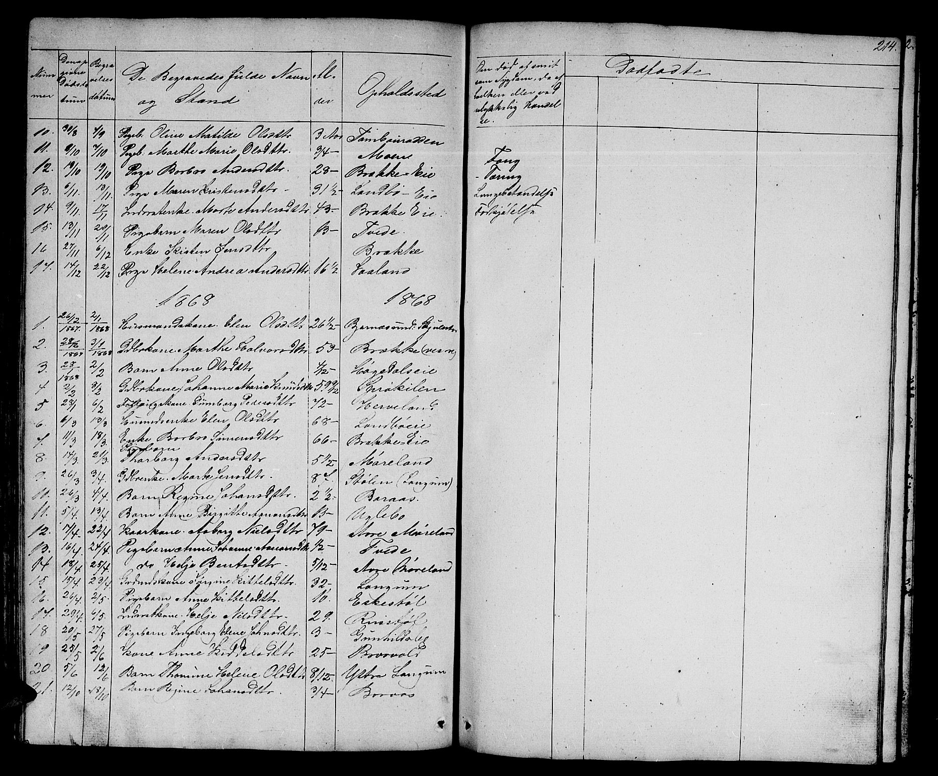 Austre Moland sokneprestkontor, SAK/1111-0001/F/Fb/Fba/L0001: Parish register (copy) no. B 1, 1842-1868, p. 214
