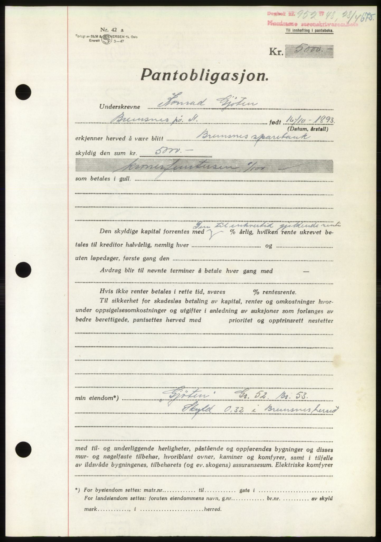 Nordmøre sorenskriveri, AV/SAT-A-4132/1/2/2Ca: Mortgage book no. B98, 1948-1948, Diary no: : 952/1948