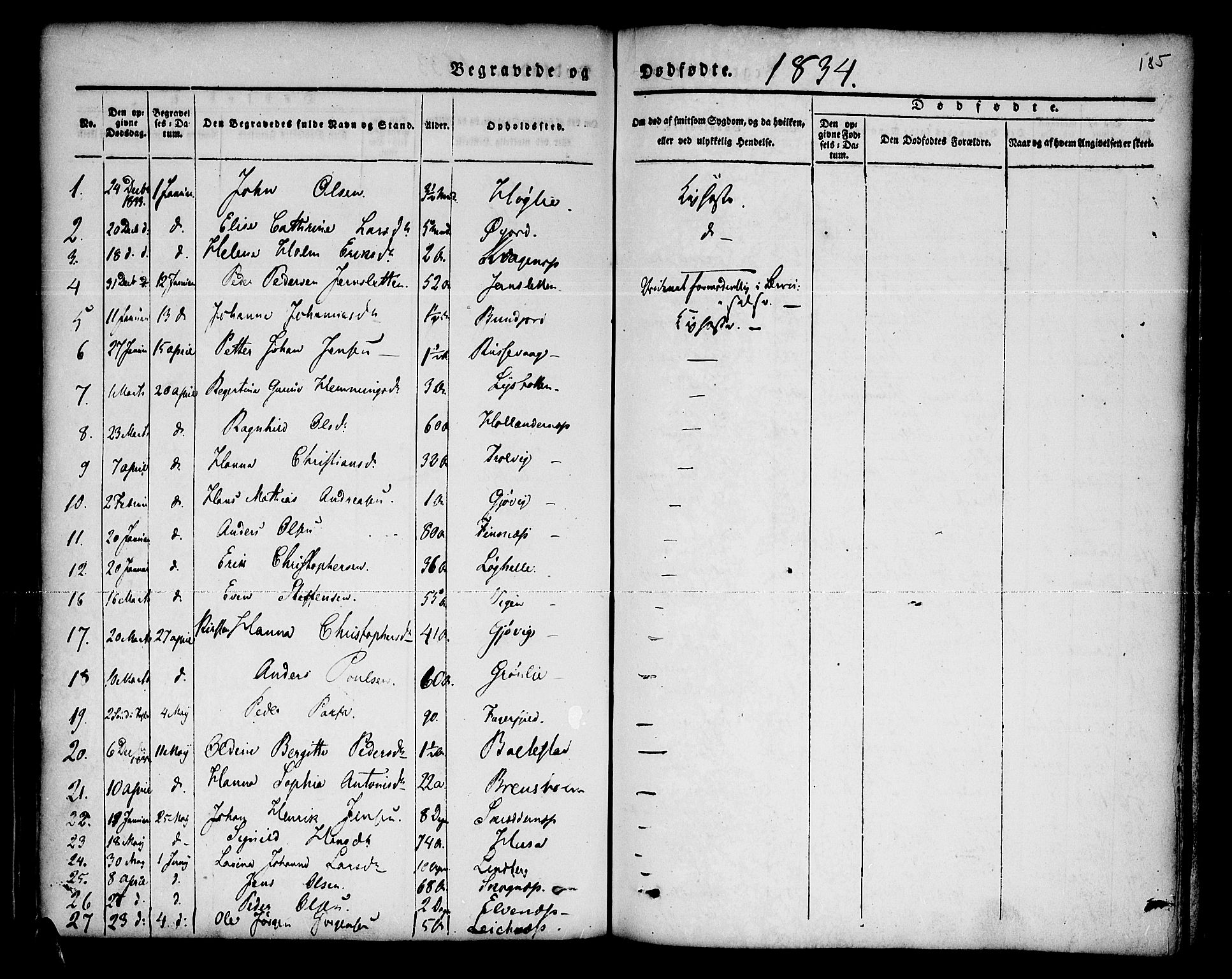 Lenvik sokneprestembete, AV/SATØ-S-1310/H/Ha/Haa/L0004kirke: Parish register (official) no. 4, 1832-1844, p. 185