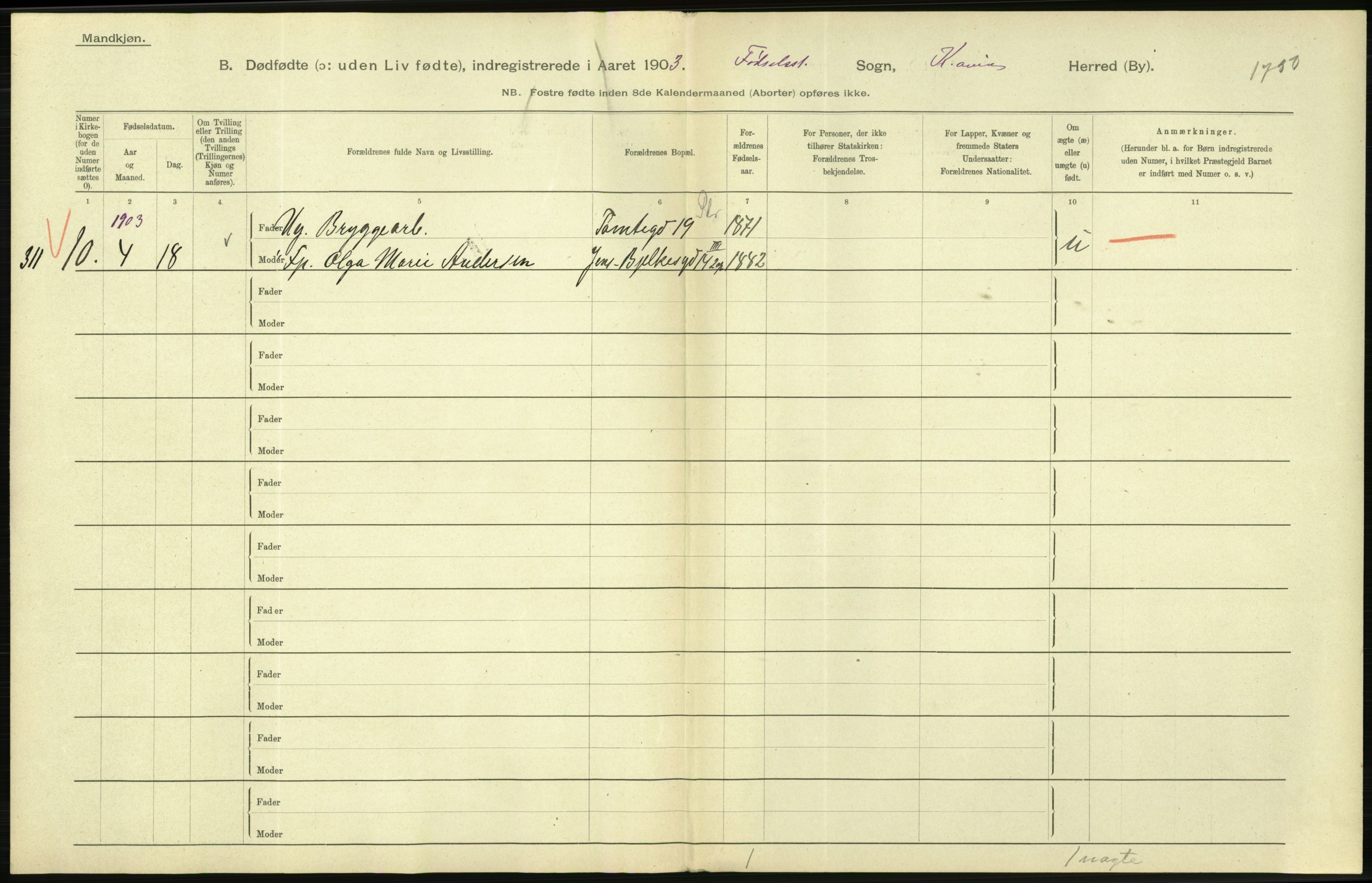 Statistisk sentralbyrå, Sosiodemografiske emner, Befolkning, AV/RA-S-2228/D/Df/Dfa/Dfaa/L0026: Smålenenes - Finnmarkens amt: Dødfødte. Byer., 1903, p. 64