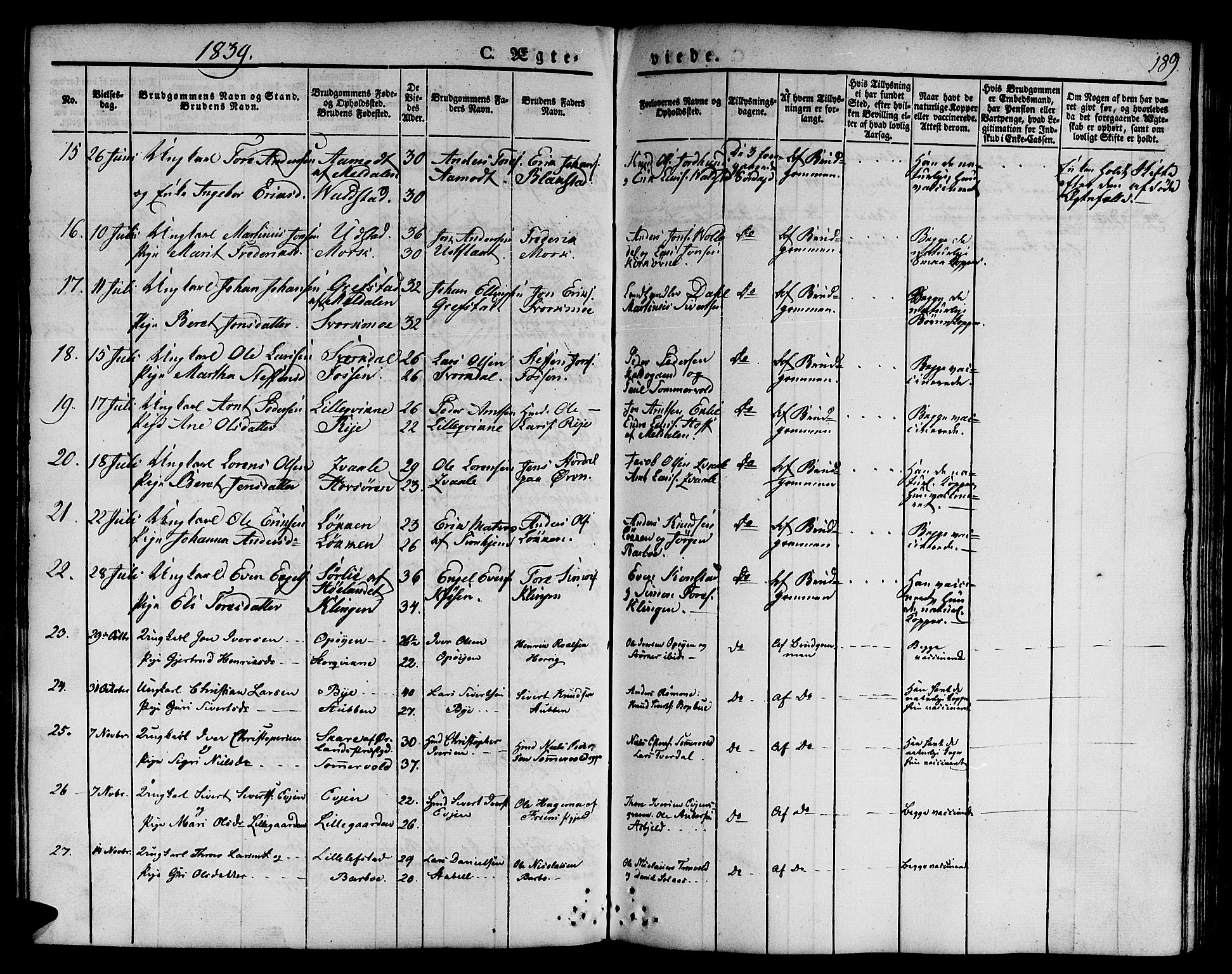 Ministerialprotokoller, klokkerbøker og fødselsregistre - Sør-Trøndelag, SAT/A-1456/668/L0804: Parish register (official) no. 668A04, 1826-1839, p. 189