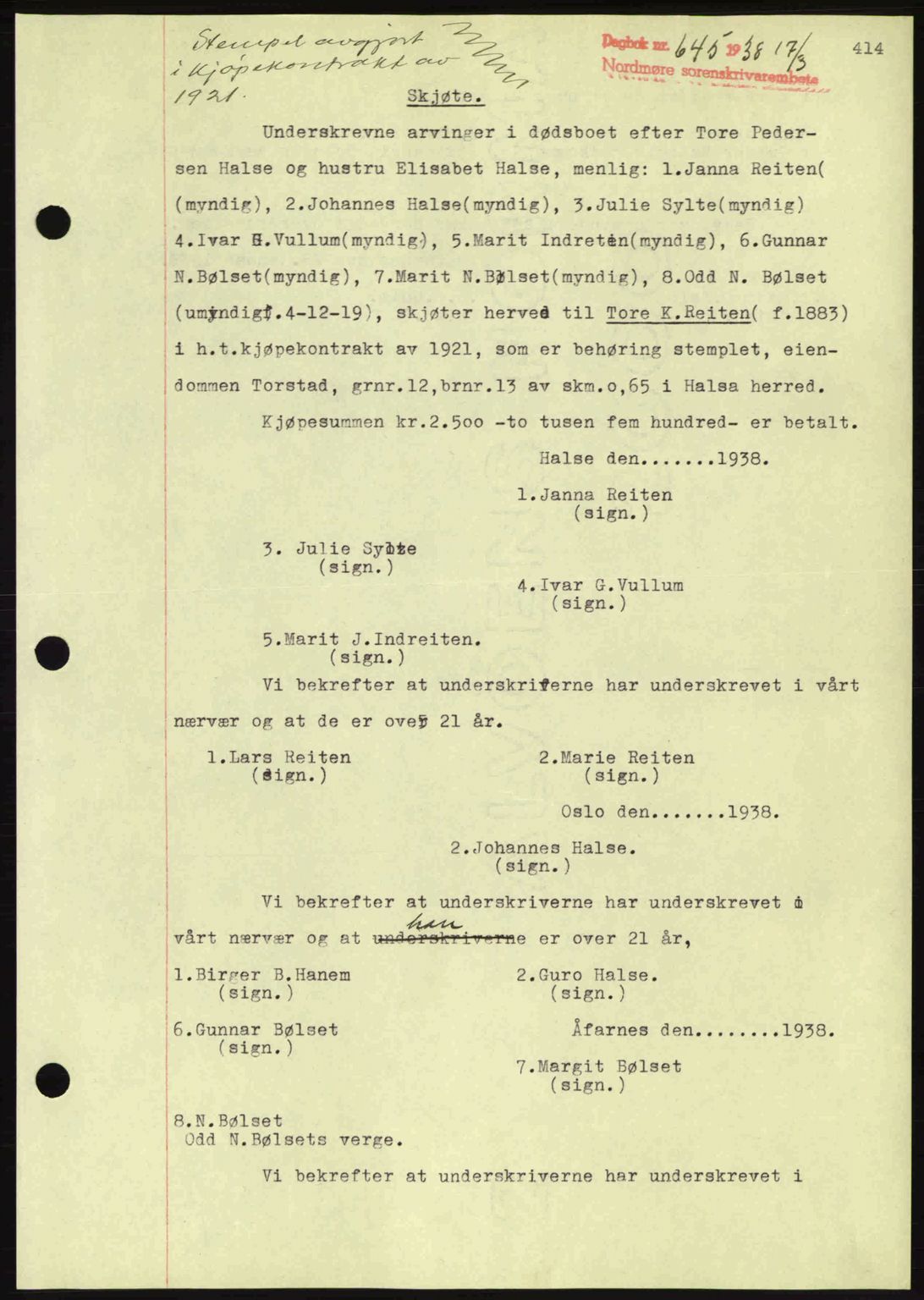 Nordmøre sorenskriveri, AV/SAT-A-4132/1/2/2Ca: Mortgage book no. A83, 1938-1938, Diary no: : 645/1938