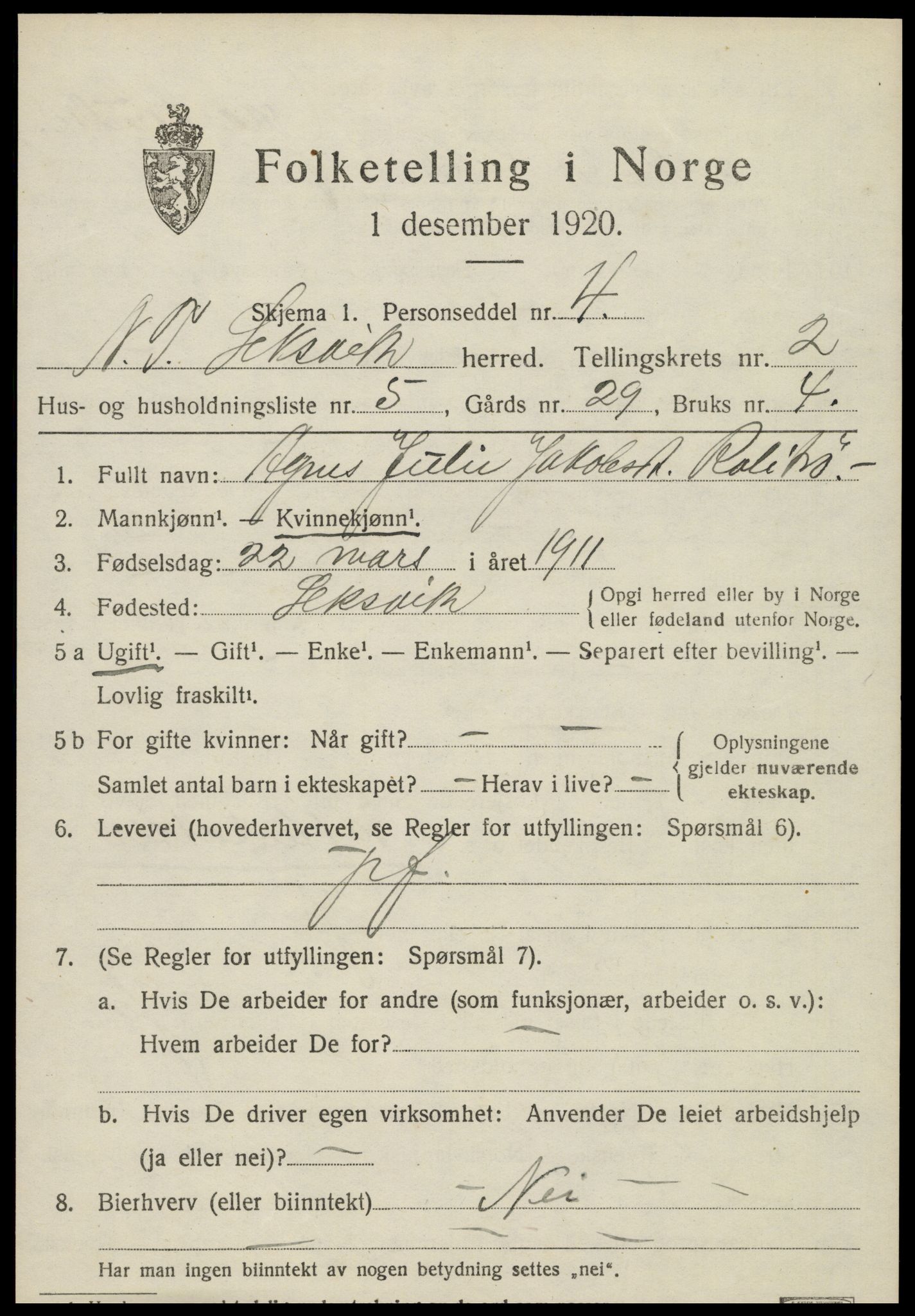 SAT, 1920 census for Leksvik, 1920, p. 1876
