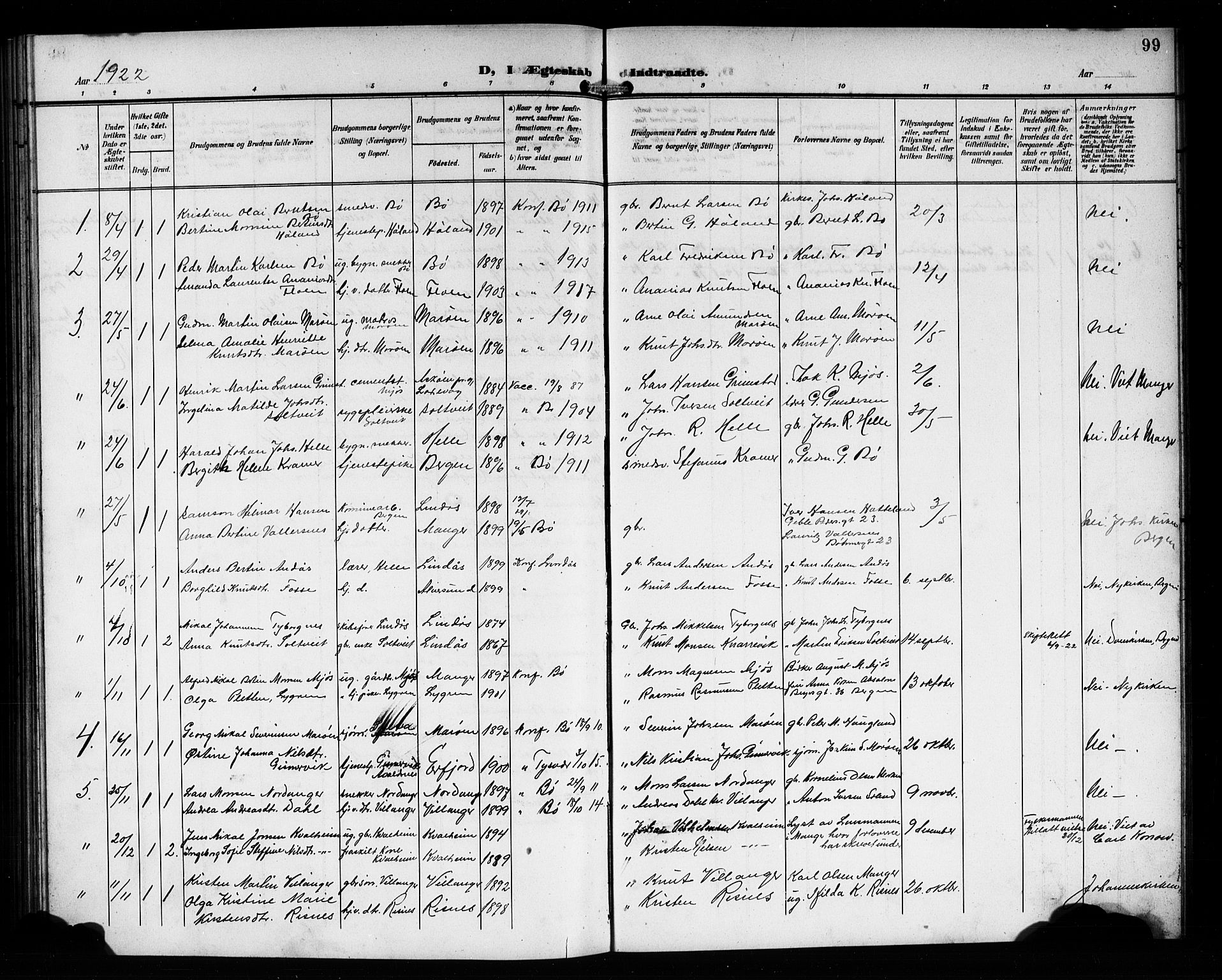 Manger sokneprestembete, AV/SAB-A-76801/H/Hab: Parish register (copy) no. B 4, 1907-1922, p. 99
