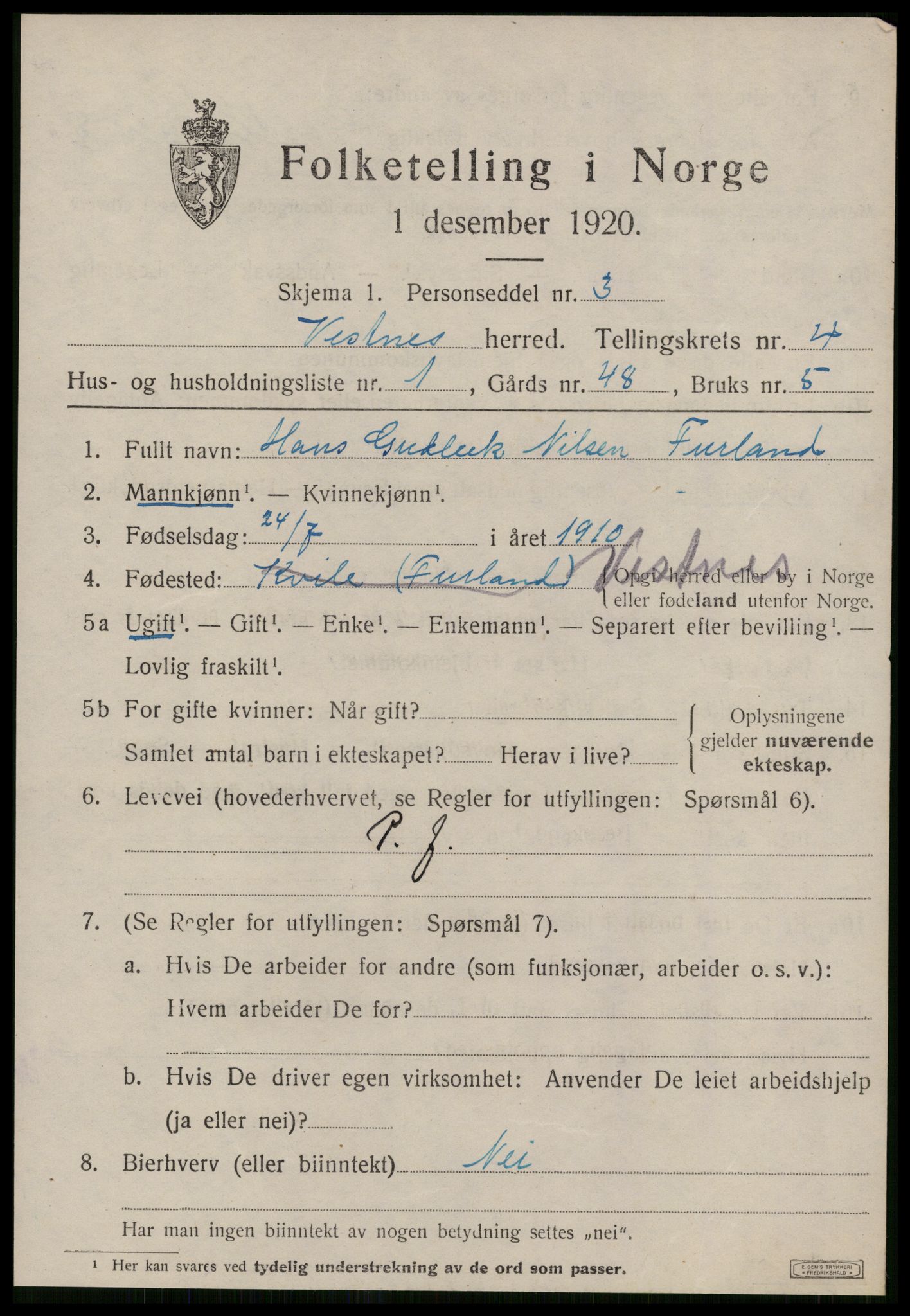 SAT, 1920 census for Vestnes, 1920, p. 3405