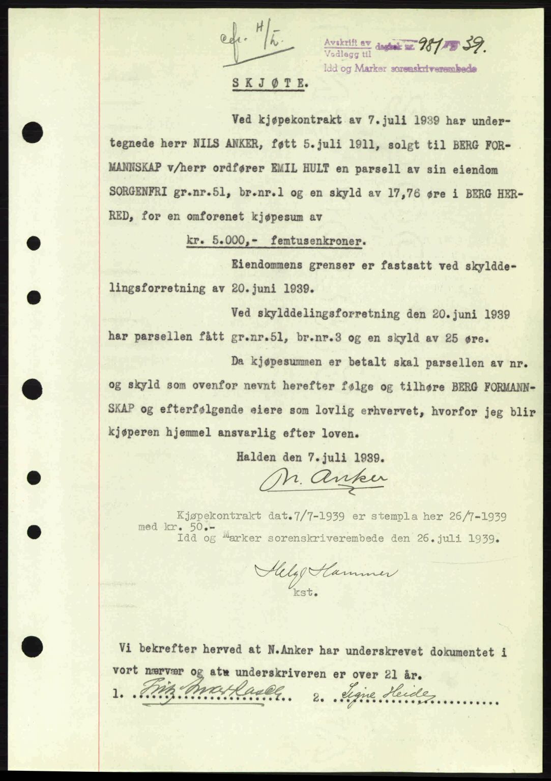 Idd og Marker sorenskriveri, AV/SAO-A-10283/G/Gb/Gbb/L0003: Mortgage book no. A3, 1938-1939, Diary no: : 981/1939