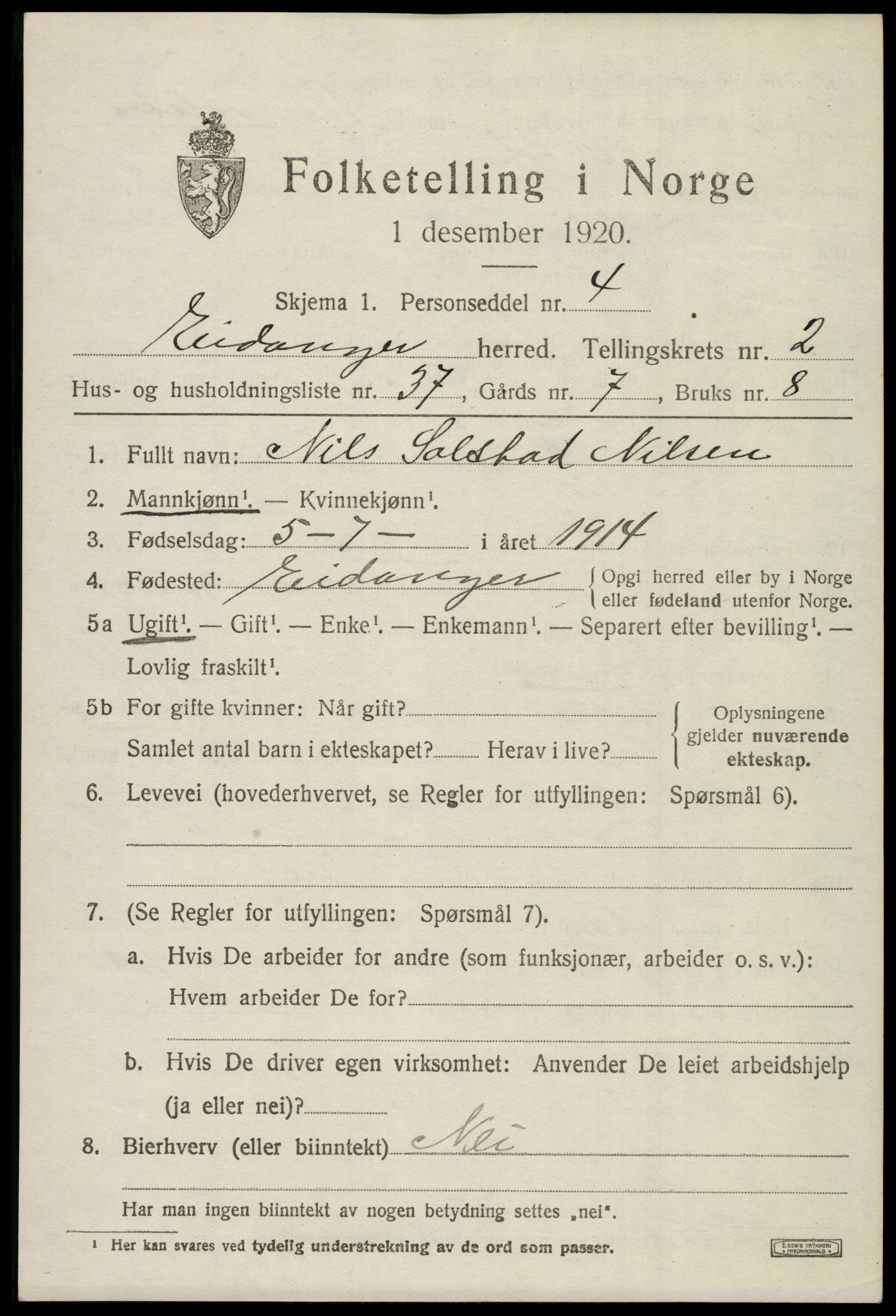 SAKO, 1920 census for Eidanger, 1920, p. 3354