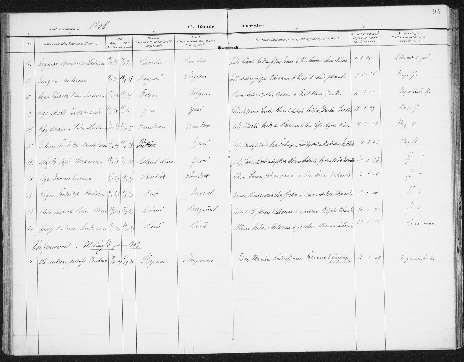 Ministerialprotokoller, klokkerbøker og fødselsregistre - Nordland, AV/SAT-A-1459/841/L0612: Parish register (official) no. 841A15, 1902-1910, p. 94