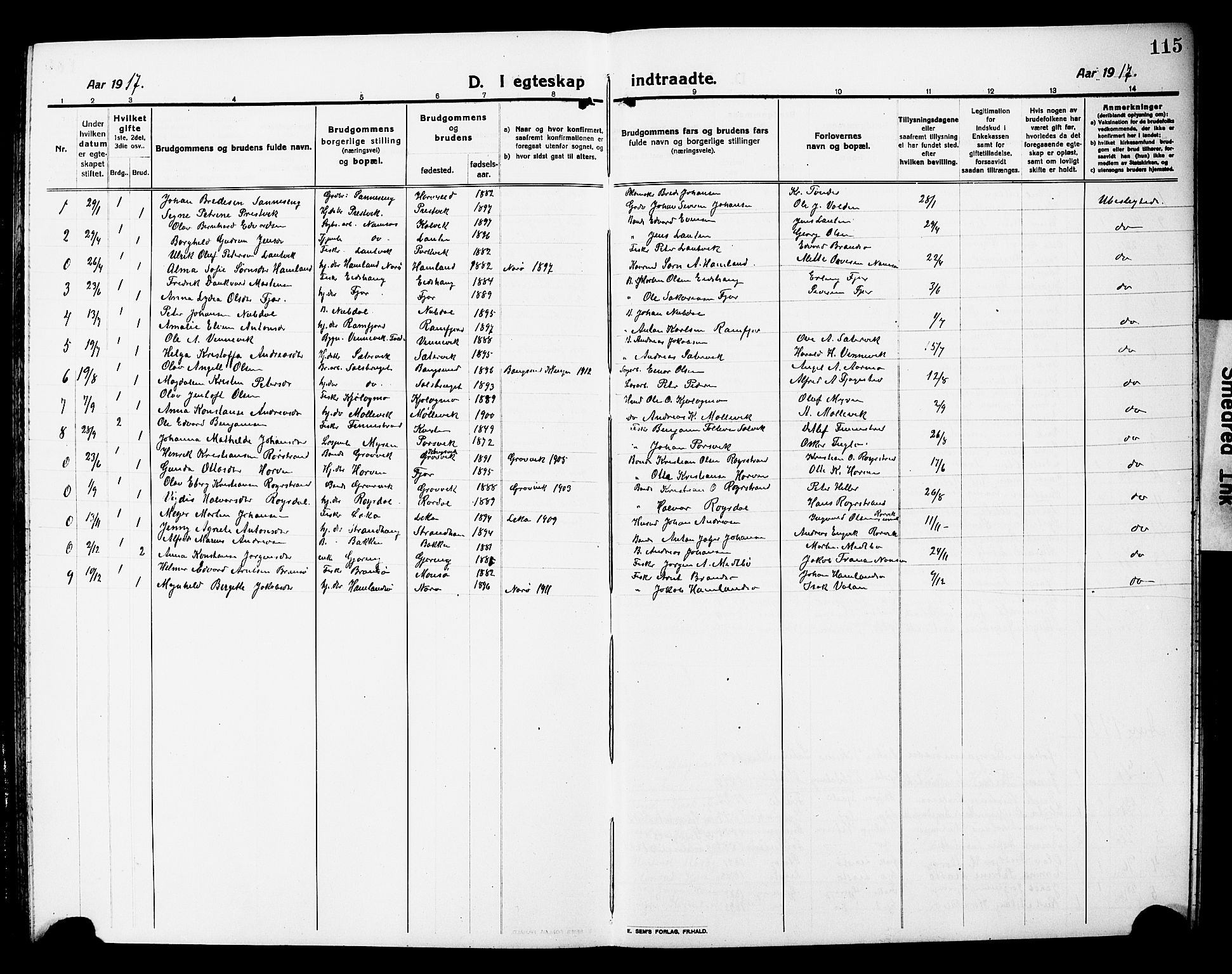 Ministerialprotokoller, klokkerbøker og fødselsregistre - Nord-Trøndelag, AV/SAT-A-1458/780/L0653: Parish register (copy) no. 780C05, 1911-1927, p. 115