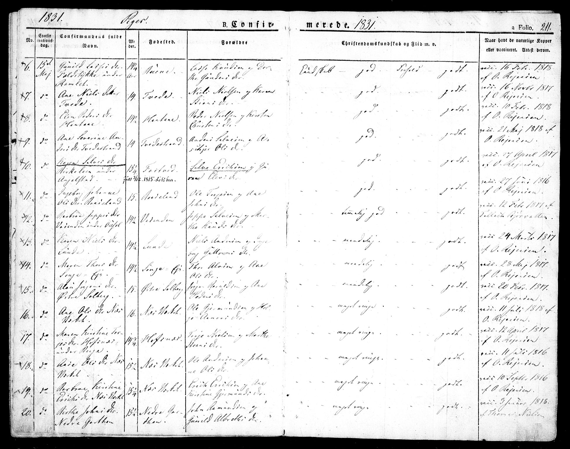 Holt sokneprestkontor, AV/SAK-1111-0021/F/Fa/L0006: Parish register (official) no. A 6, 1820-1835, p. 211