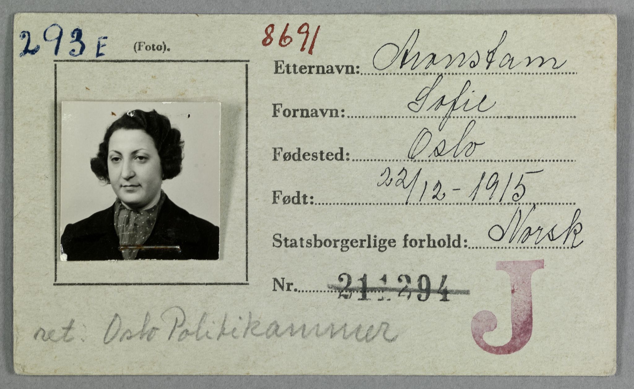 Sosialdepartementet, Våre Falne, AV/RA-S-1708/E/Ee/Eea/L0021A: Legitimasjonskort med fotografier for jøder, 1941-1942, p. 3