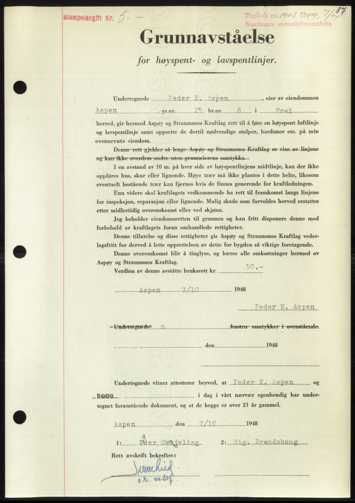 Nordmøre sorenskriveri, AV/SAT-A-4132/1/2/2Ca: Mortgage book no. B102, 1949-1949, Diary no: : 1908/1949