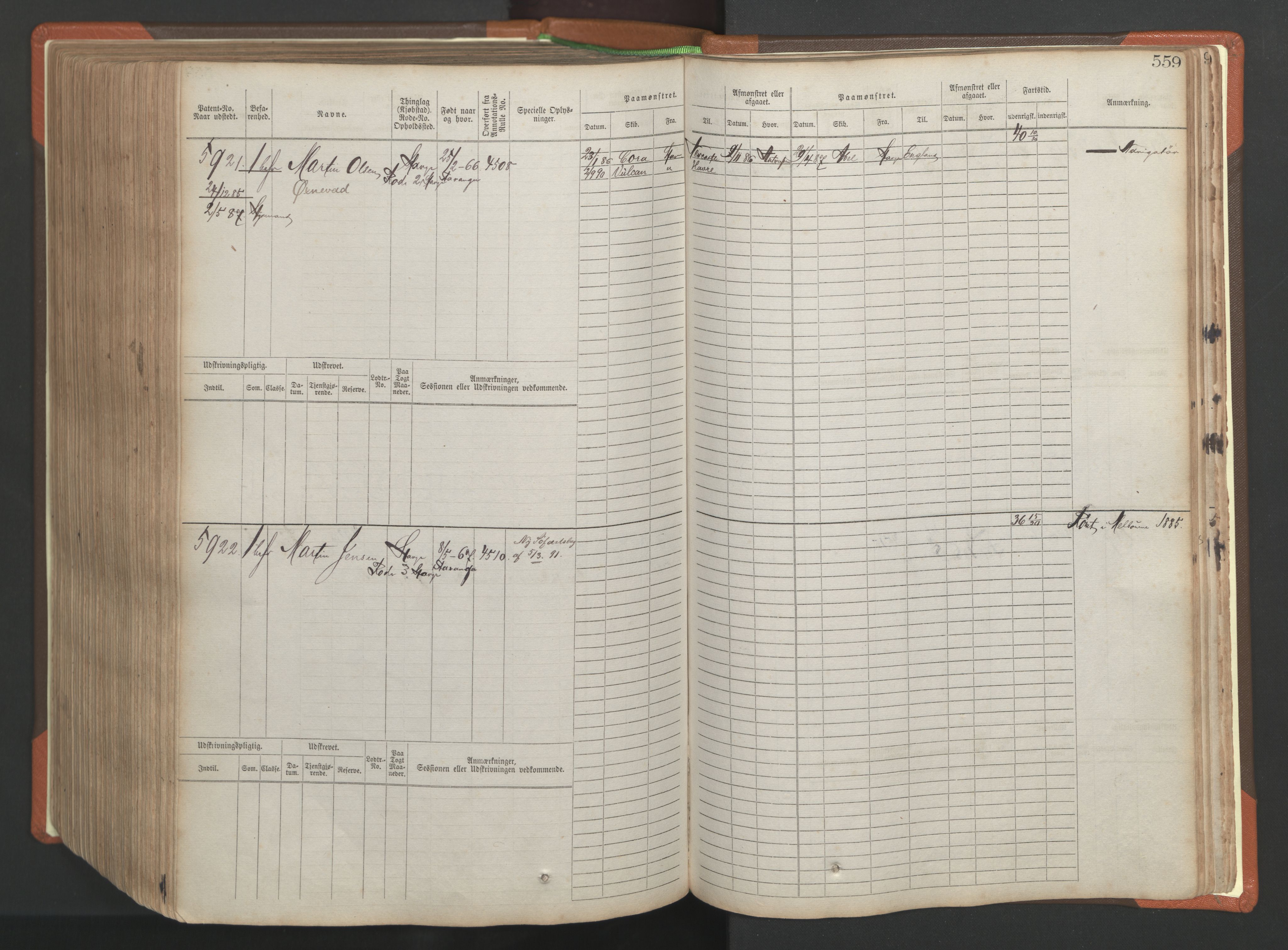 Stavanger sjømannskontor, AV/SAST-A-102006/F/Fb/Fbb/L0009: Sjøfartshovedrulle, patentnr. 4805-6006, 1879-1887, p. 565