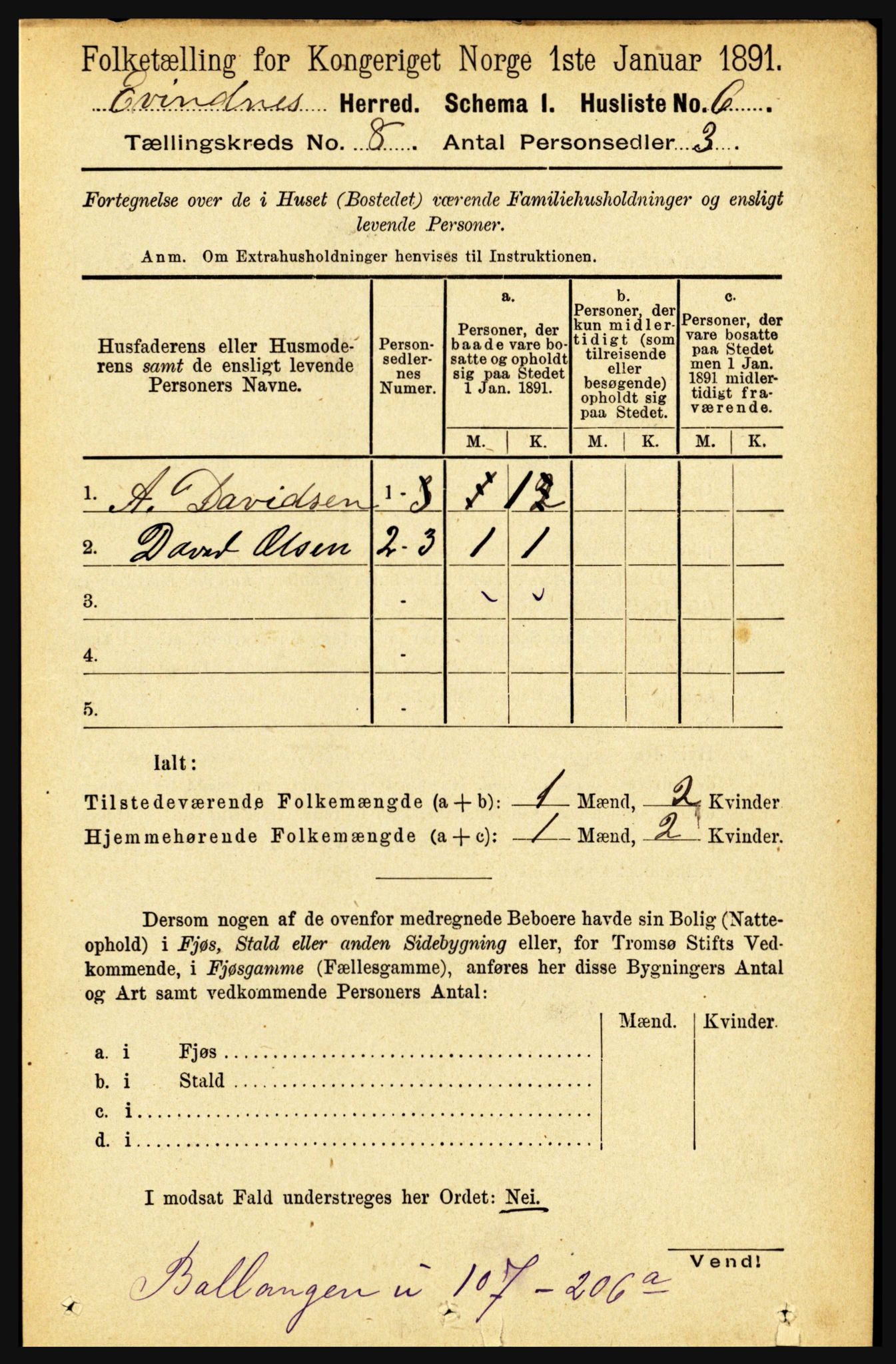 RA, 1891 census for 1853 Evenes, 1891, p. 2479