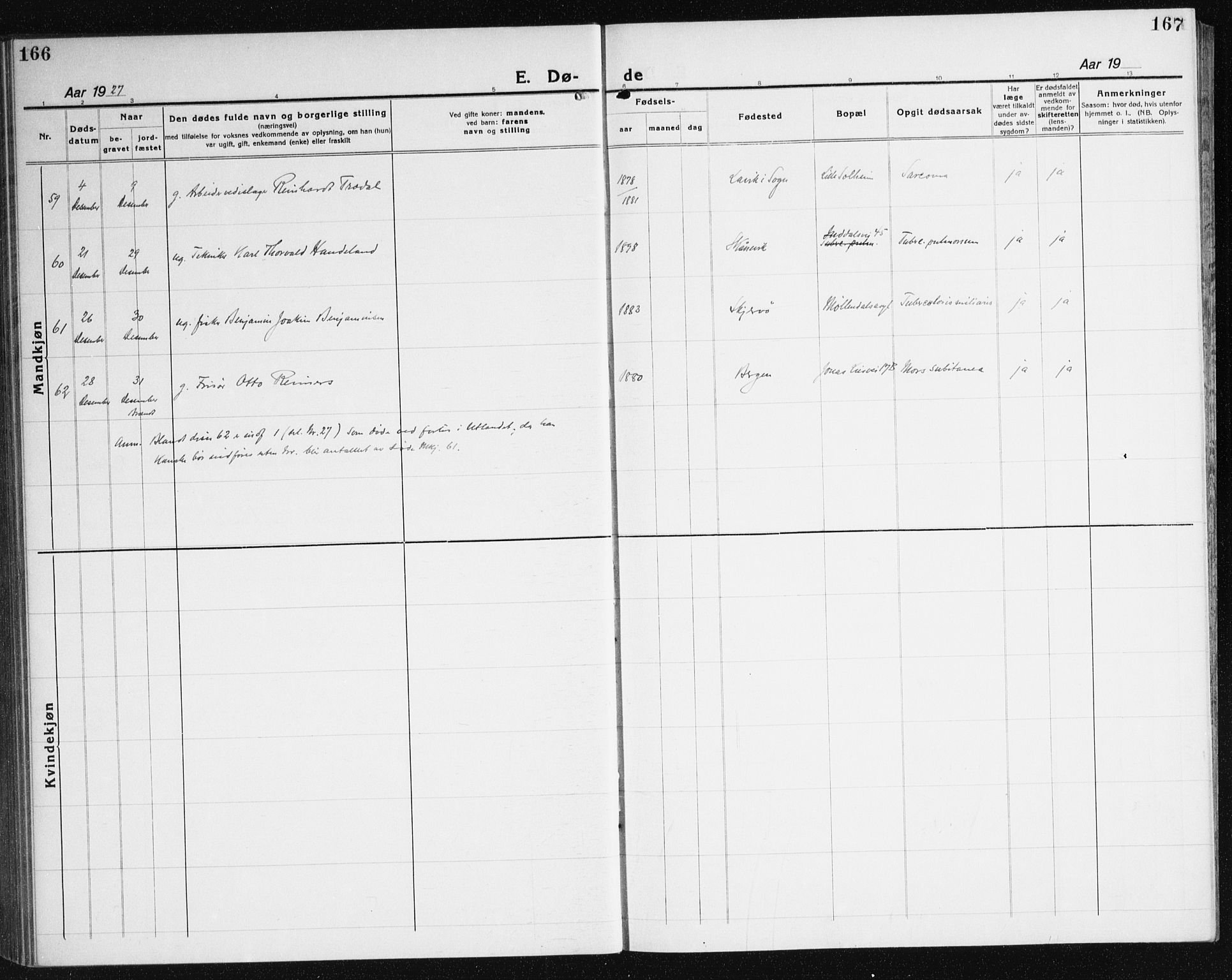 Årstad Sokneprestembete, AV/SAB-A-79301/H/Haa/L0010: Parish register (official) no. E 1, 1921-1940, p. 166-167