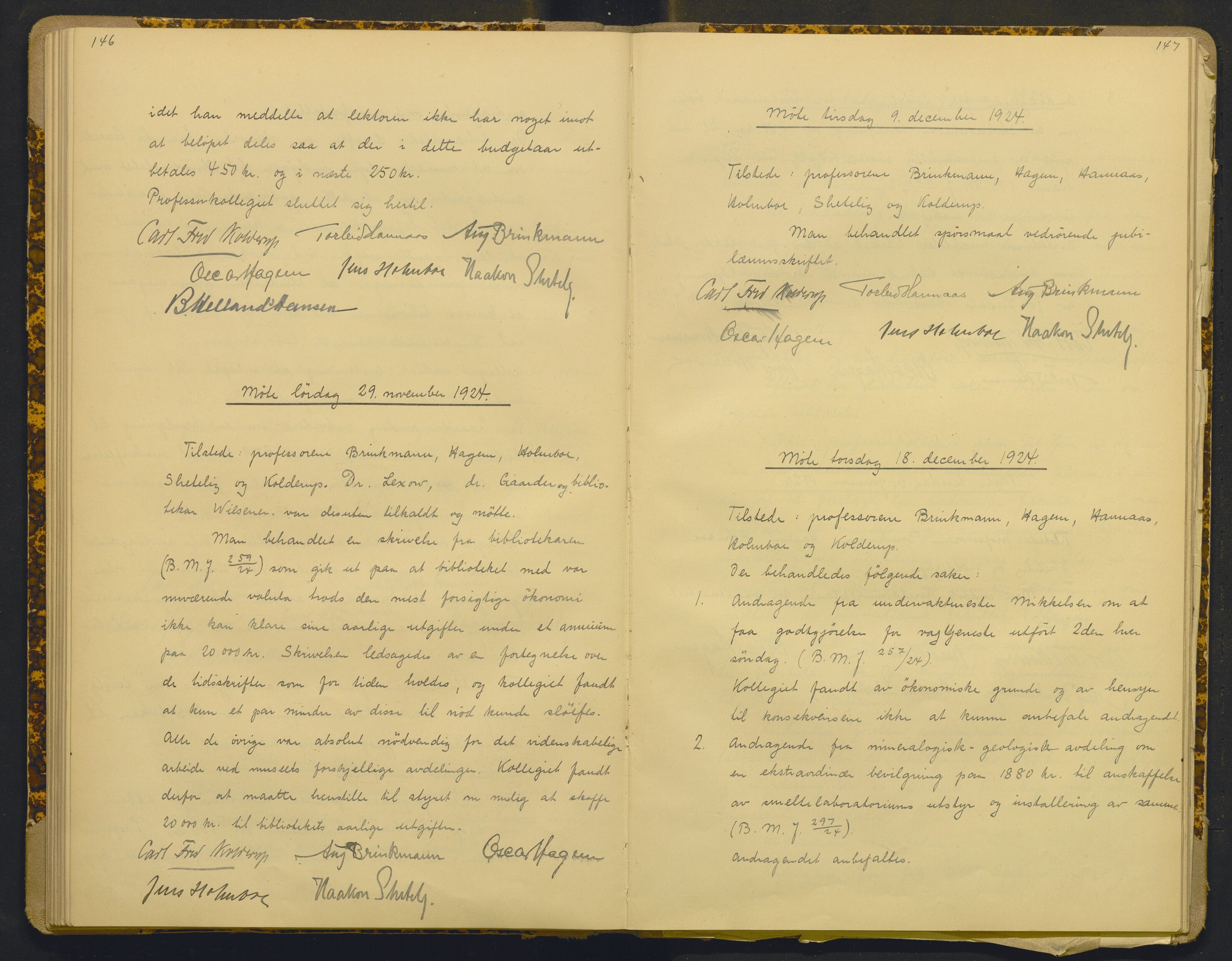 Bergens Museum, AV/SAB-A-17301/18/A/L0001: Bestyrerkollegiets forhandlingsprotokoll med register , 1907-1927, p. 146-147