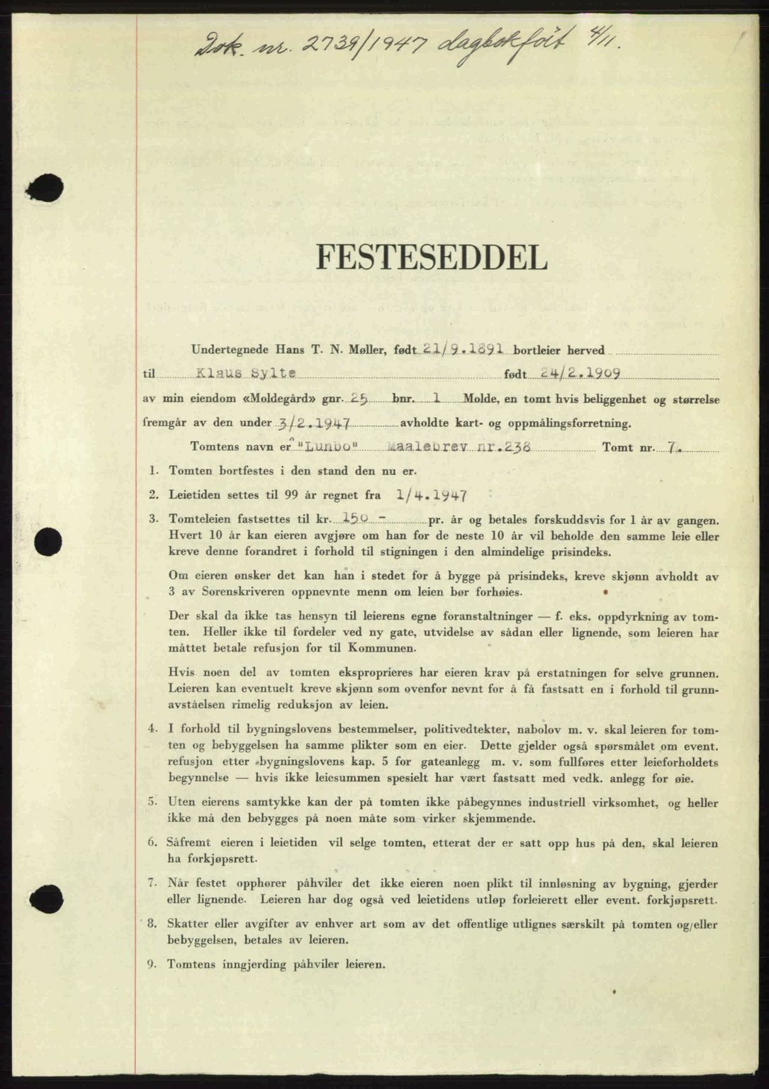 Romsdal sorenskriveri, SAT/A-4149/1/2/2C: Mortgage book no. A24, 1947-1947, Diary no: : 2739/1947