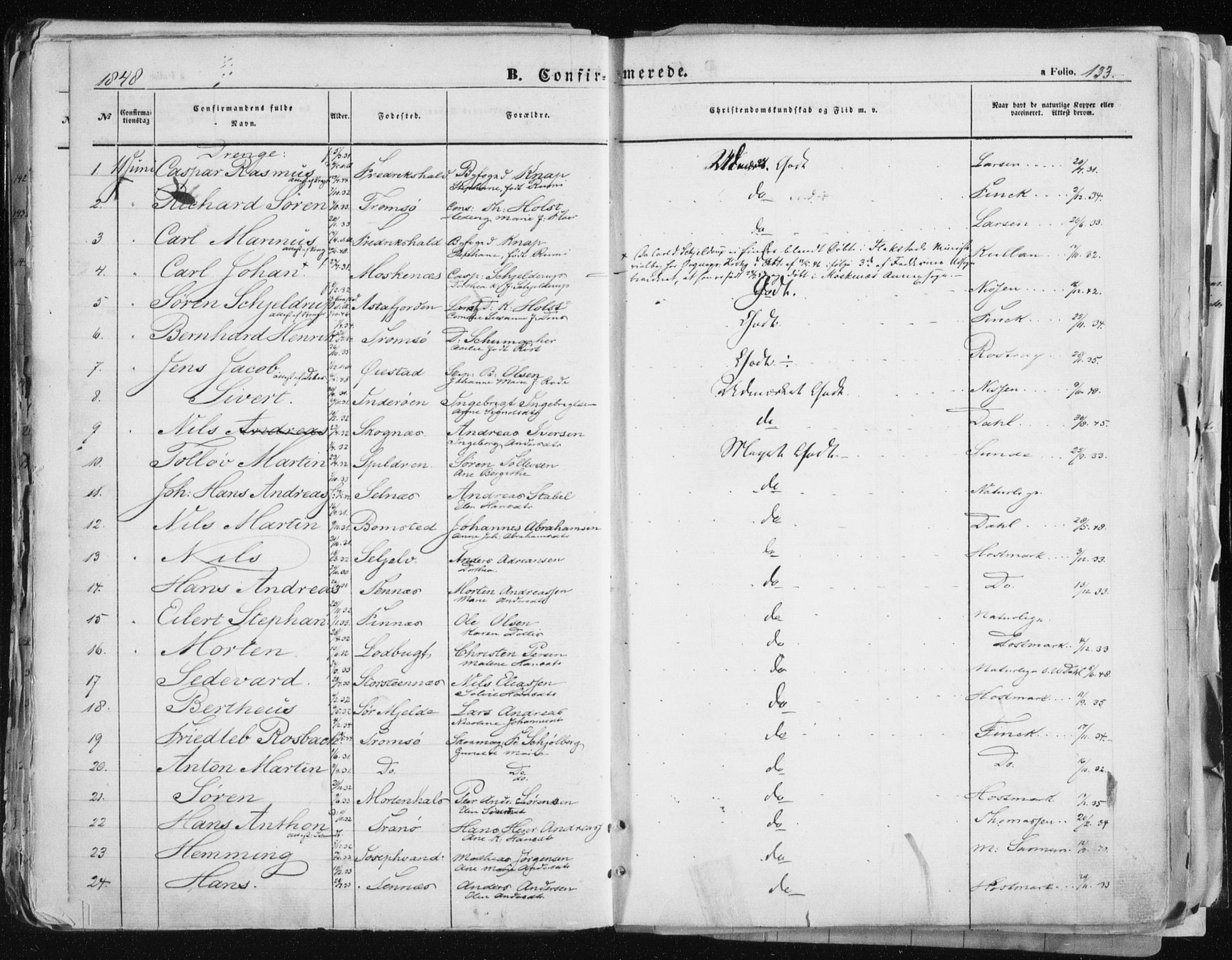 Tromsø sokneprestkontor/stiftsprosti/domprosti, SATØ/S-1343/G/Ga/L0010kirke: Parish register (official) no. 10, 1848-1855, p. 133