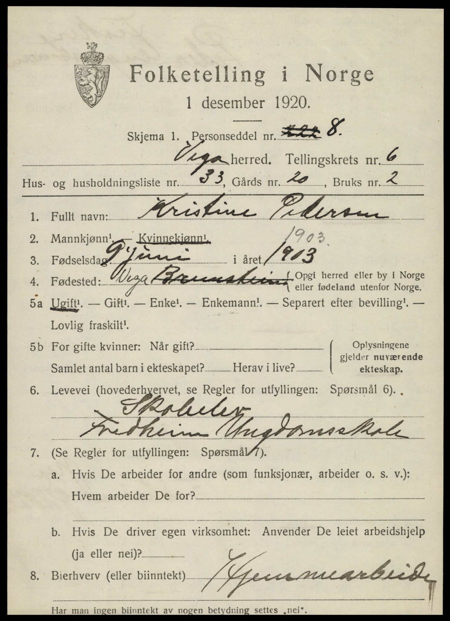 SAT, 1920 census for Vega, 1920, p. 3401