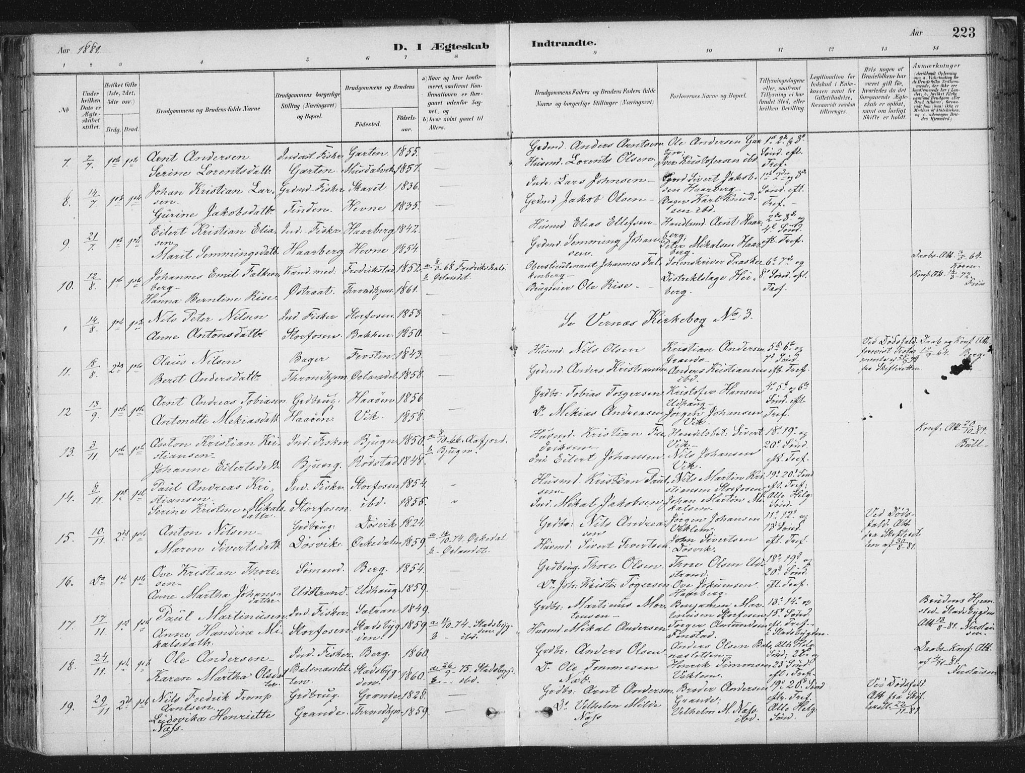 Ministerialprotokoller, klokkerbøker og fødselsregistre - Sør-Trøndelag, SAT/A-1456/659/L0739: Parish register (official) no. 659A09, 1879-1893, p. 223