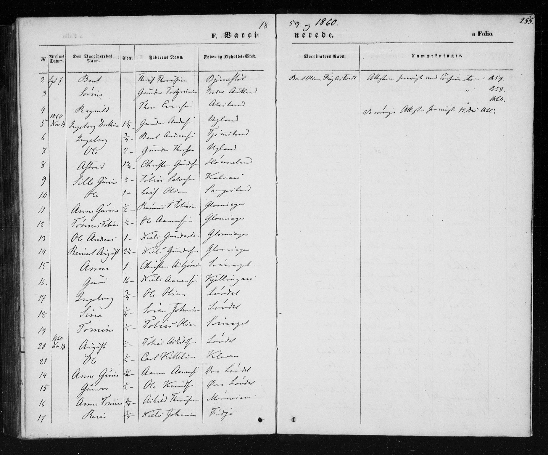 Holum sokneprestkontor, AV/SAK-1111-0022/F/Fa/Fab/L0005: Parish register (official) no. A 5, 1847-1874, p. 255