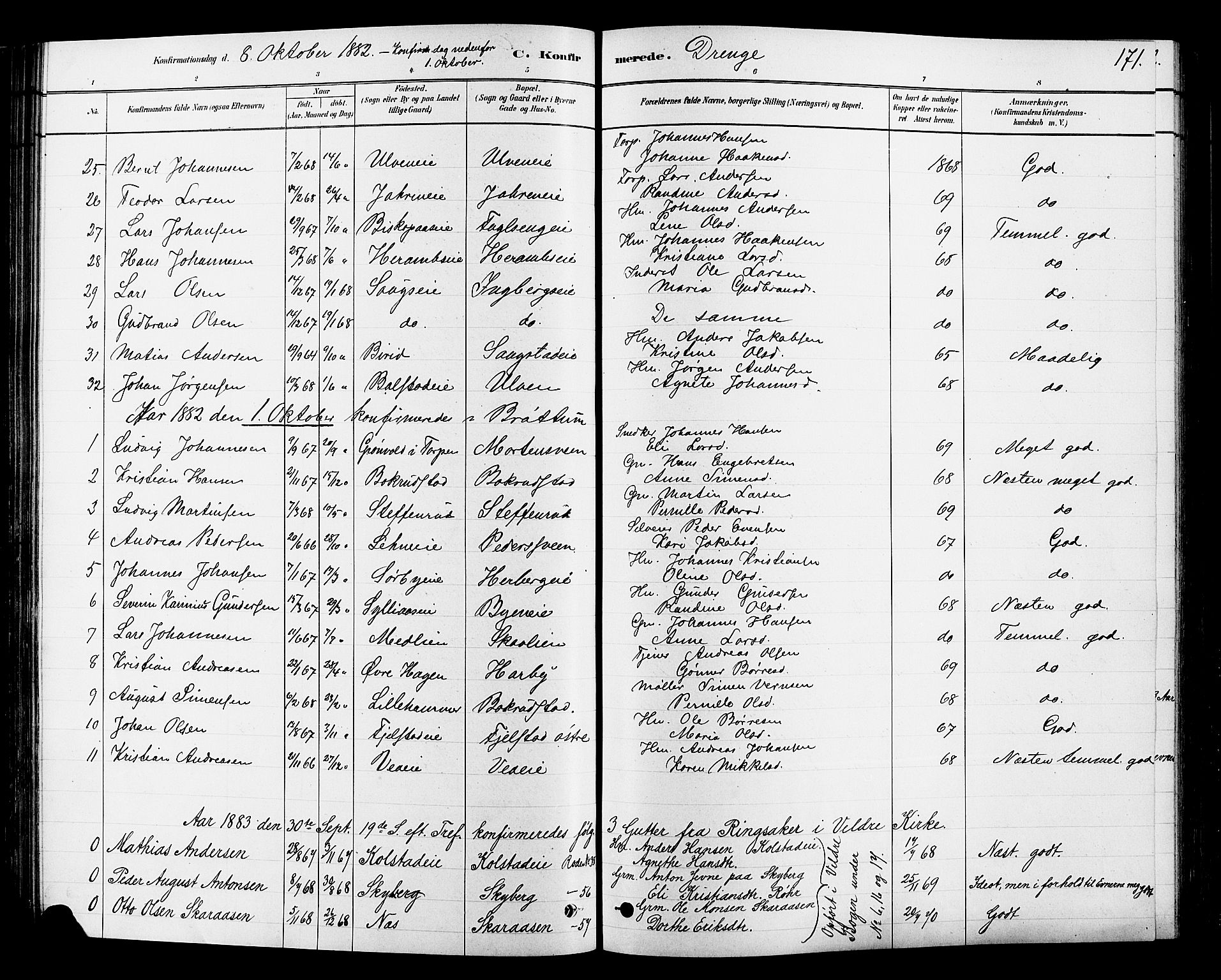 Ringsaker prestekontor, SAH/PREST-014/L/La/L0009: Parish register (copy) no. 9, 1879-1890, p. 171