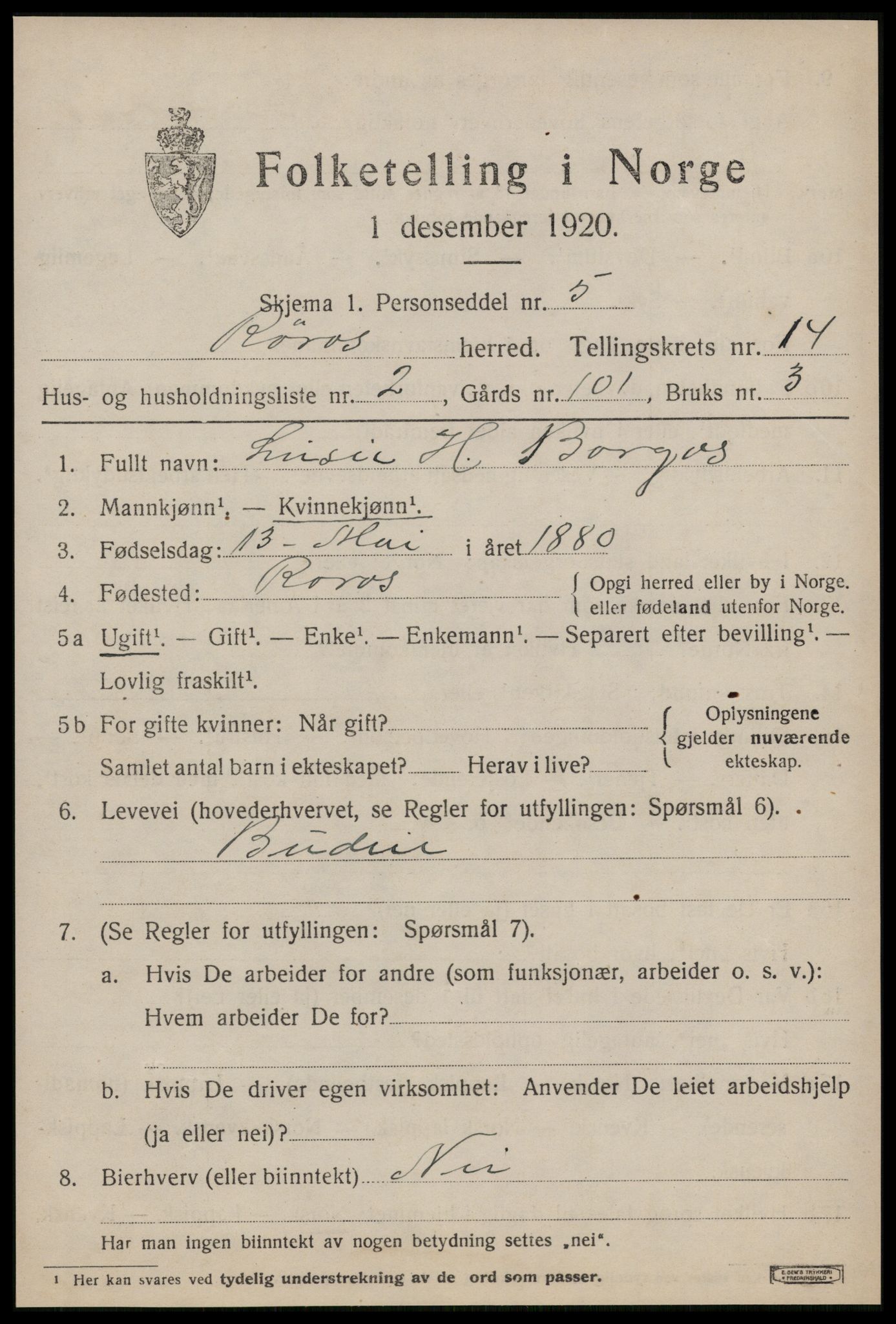 SAT, 1920 census for Røros, 1920, p. 9686