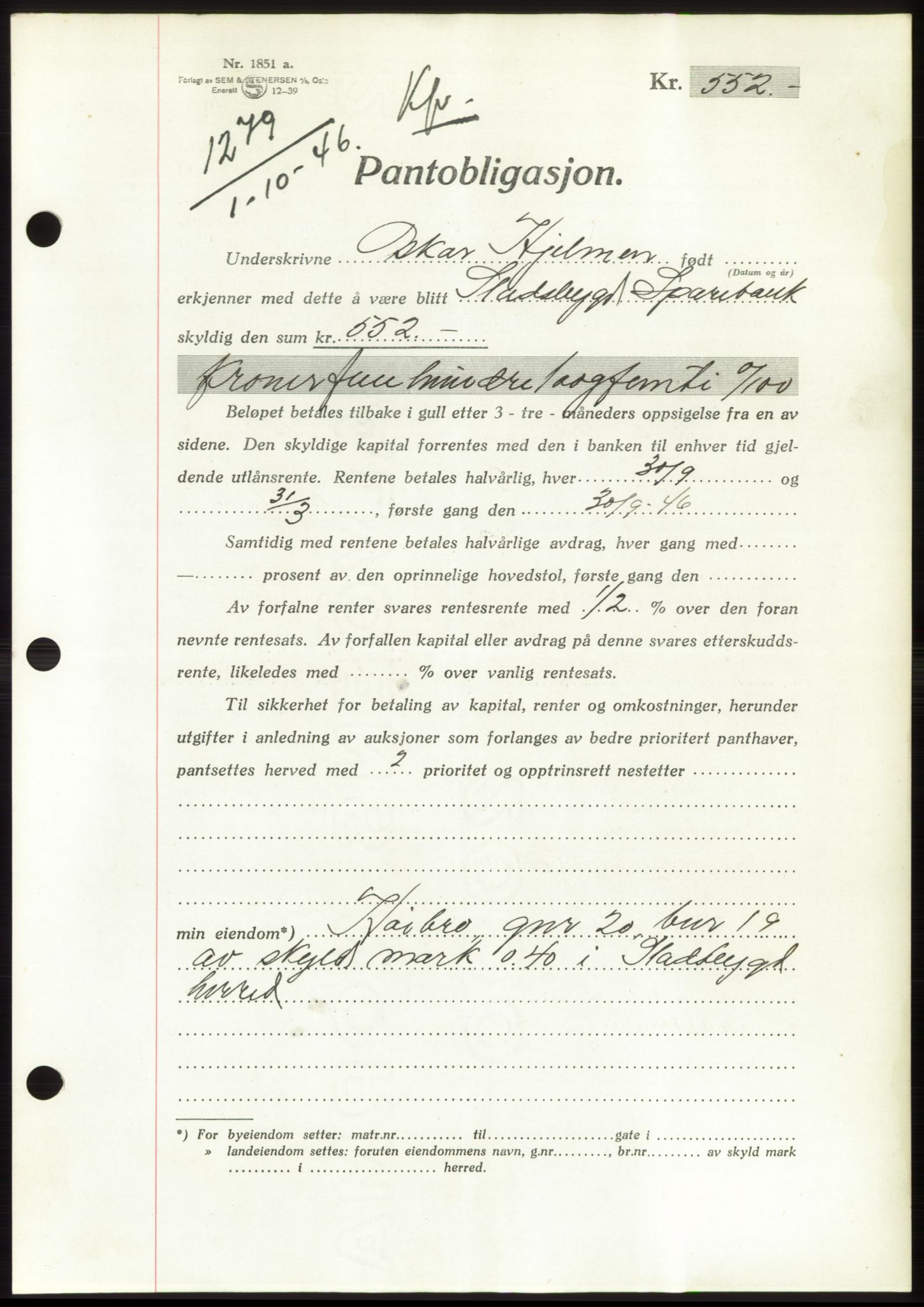 Fosen sorenskriveri, AV/SAT-A-1107/1/2/2C: Mortgage book no. B, 1946-1948, Diary no: : 1279/1946