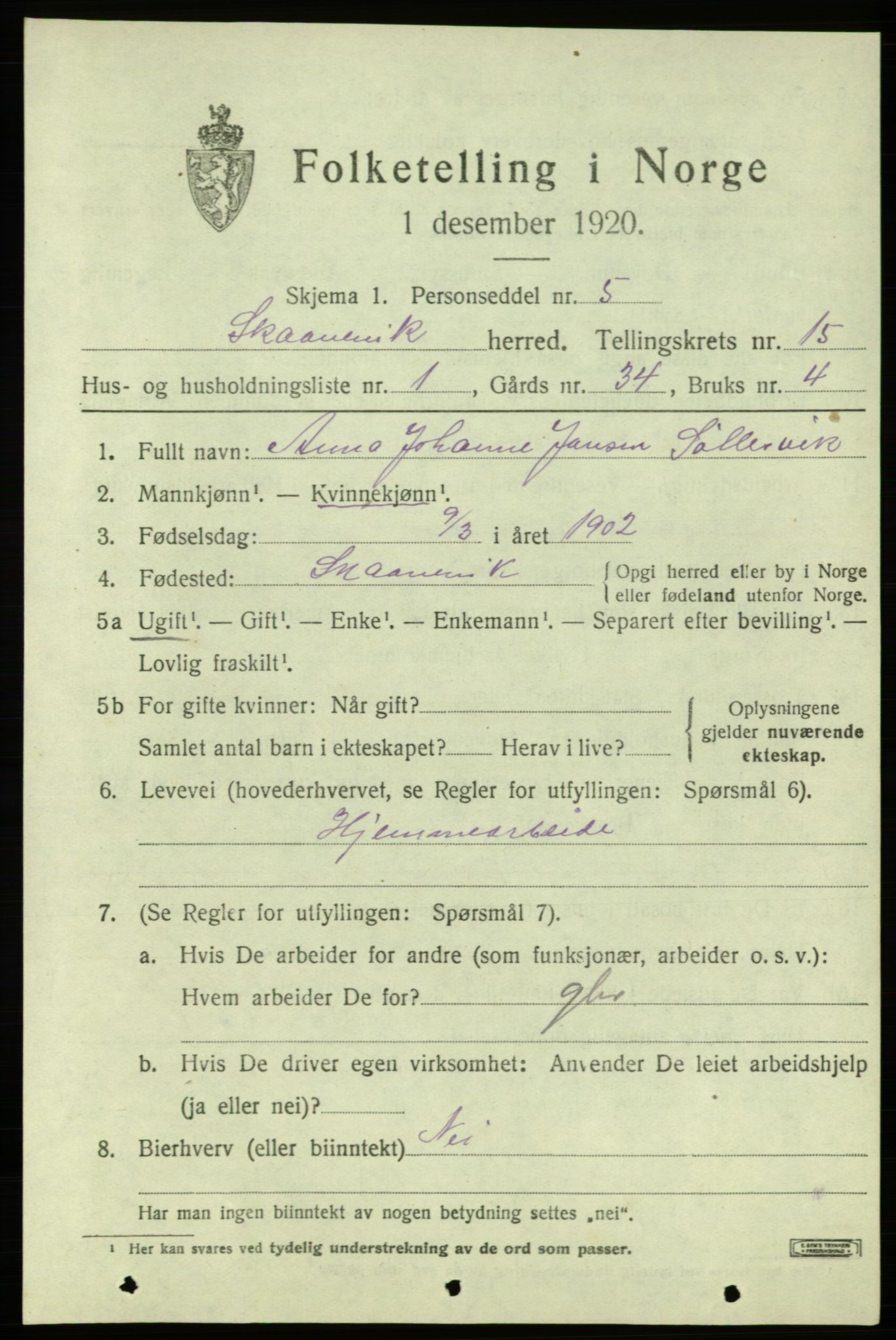 SAB, 1920 census for Skånevik, 1920, p. 6169