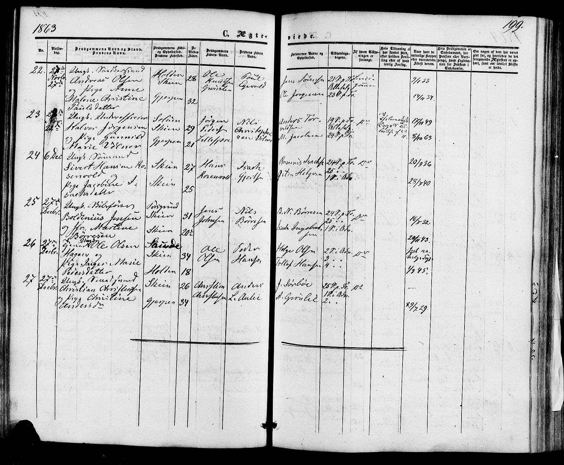 Skien kirkebøker, SAKO/A-302/F/Fa/L0007: Parish register (official) no. 7, 1856-1865, p. 199