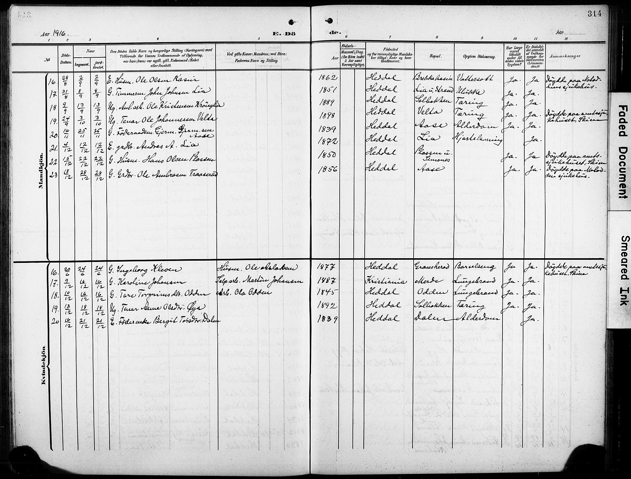 Heddal kirkebøker, SAKO/A-268/G/Ga/L0003: Parish register (copy) no. I 3, 1908-1932, p. 314